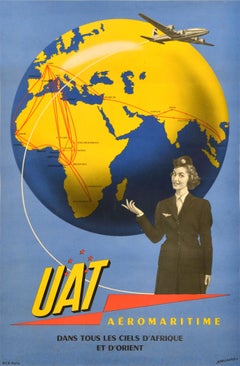 Original Vintage Travel Advertising Poster UAT Union Aeromaritime De Transport