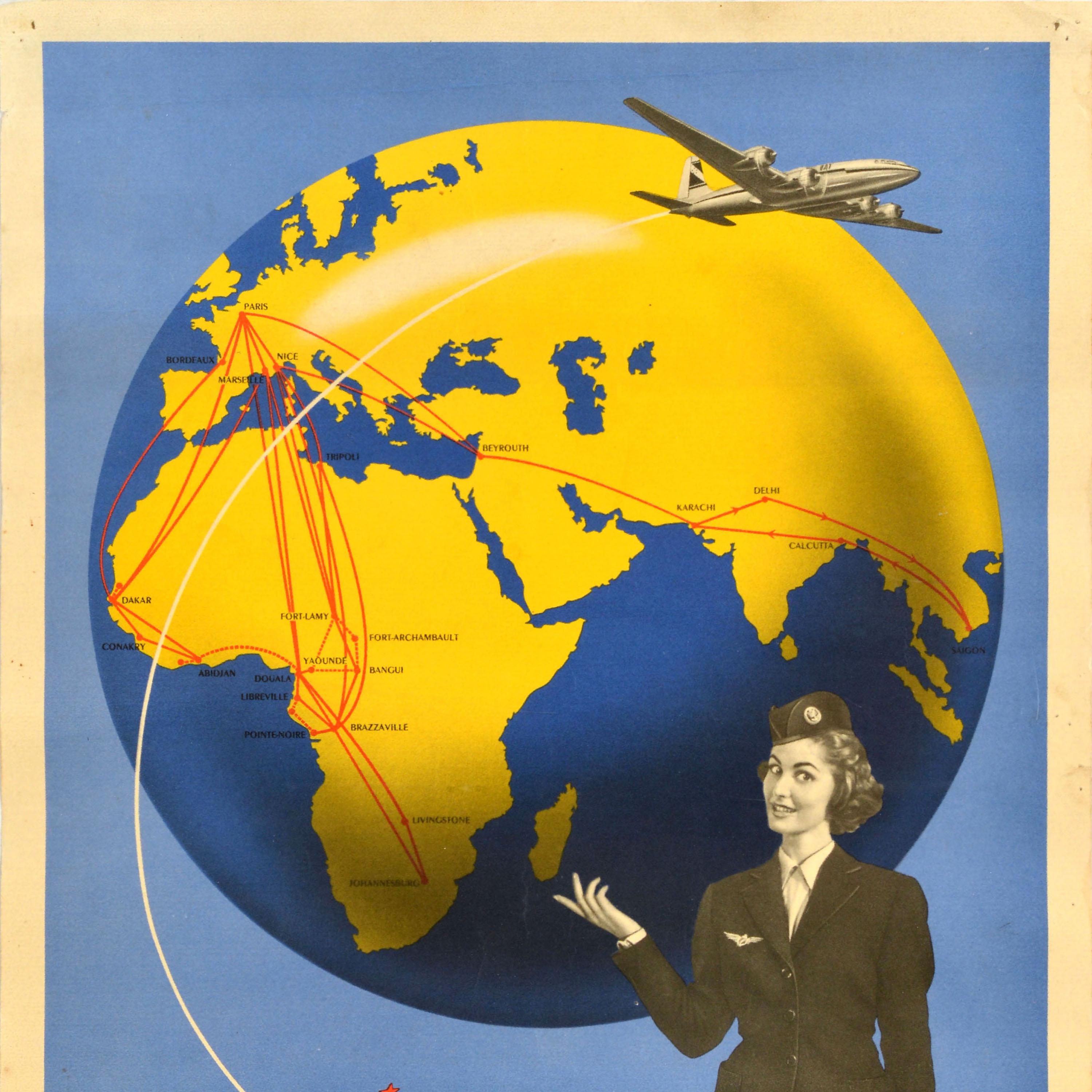 French Original Vintage Travel Advertising Poster UAT Union Aeromaritime De Transport For Sale
