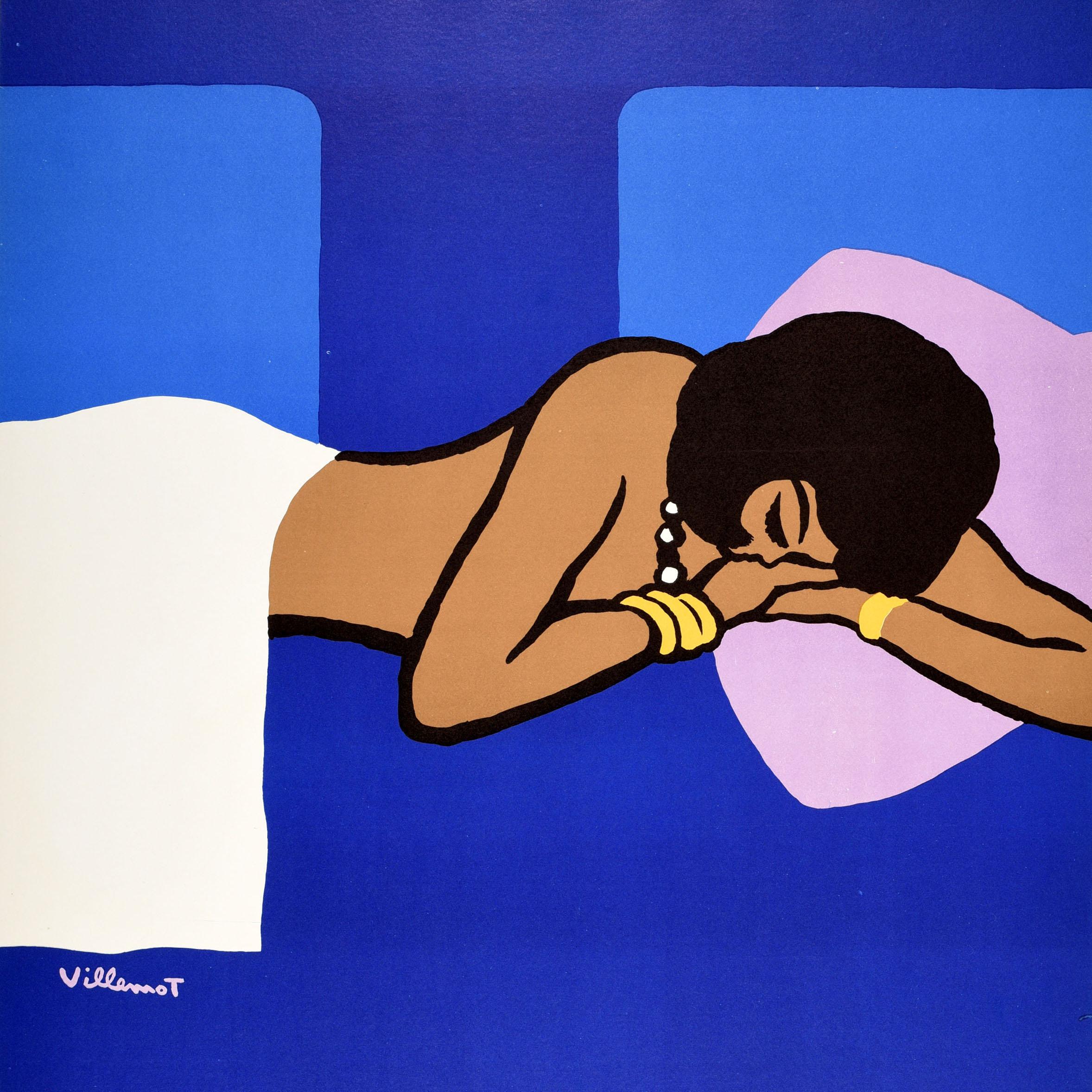 Originelles Vintage-Werbeplakat der französischen Eisenbahngesellschaft SNCF für die Schlafwagen im Nachtzug - une Nuit en voiture lits - mit einem großartigen Entwurf des französischen Grafikers Bernard Villemot (1911-1989), der eine junge Dame auf