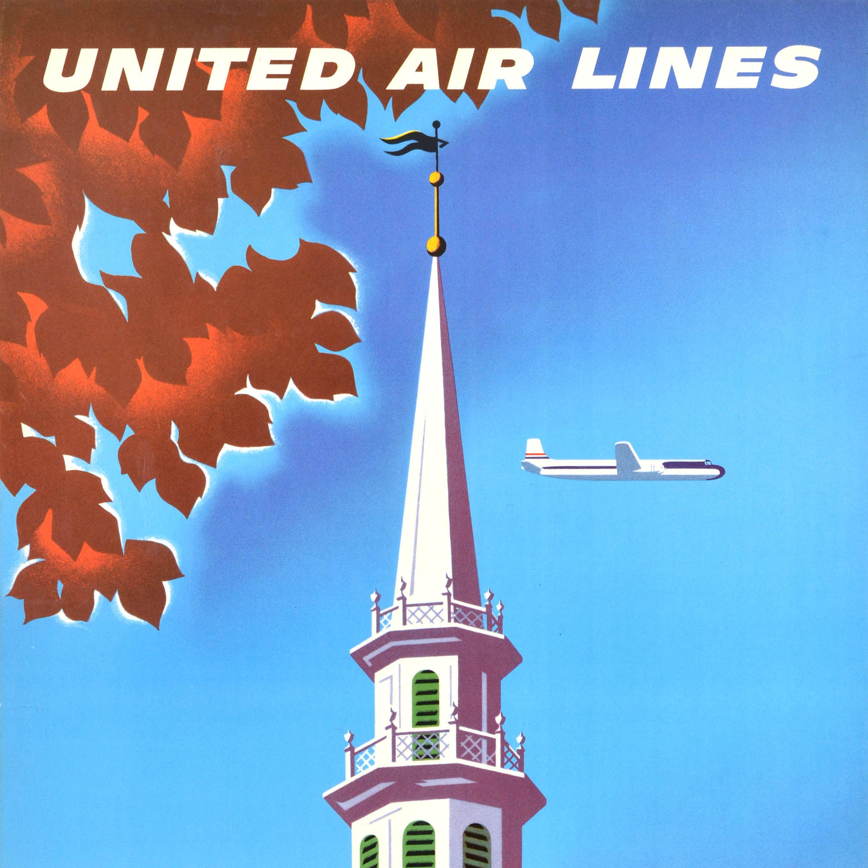 Original vintage travel advertising poster for United Air Lines New England featuring artwork by the Austrian-born graphic designer Joseph Binder (1898-1972) depicting a plane flying behind a clock tower framed by trees with autumn brown and yellow