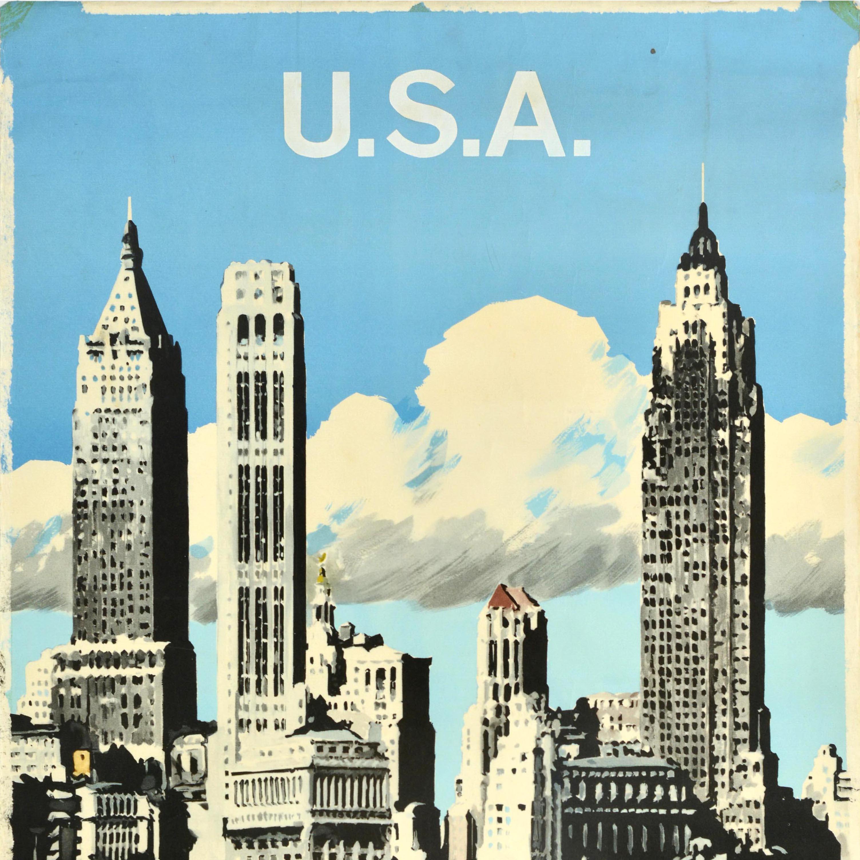 Original vintage travel advertising poster for the USA by Aer Lingus Irish International Airlines featuring an illustration of New York skyscrapers rising into the blue sky with boats on the water and the Aer Lingus shamrock logo and text below.