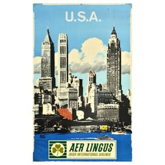 Poster pubblicitario d'epoca originale della compagnia aerea irlandese Aer Lingus USA Treidler