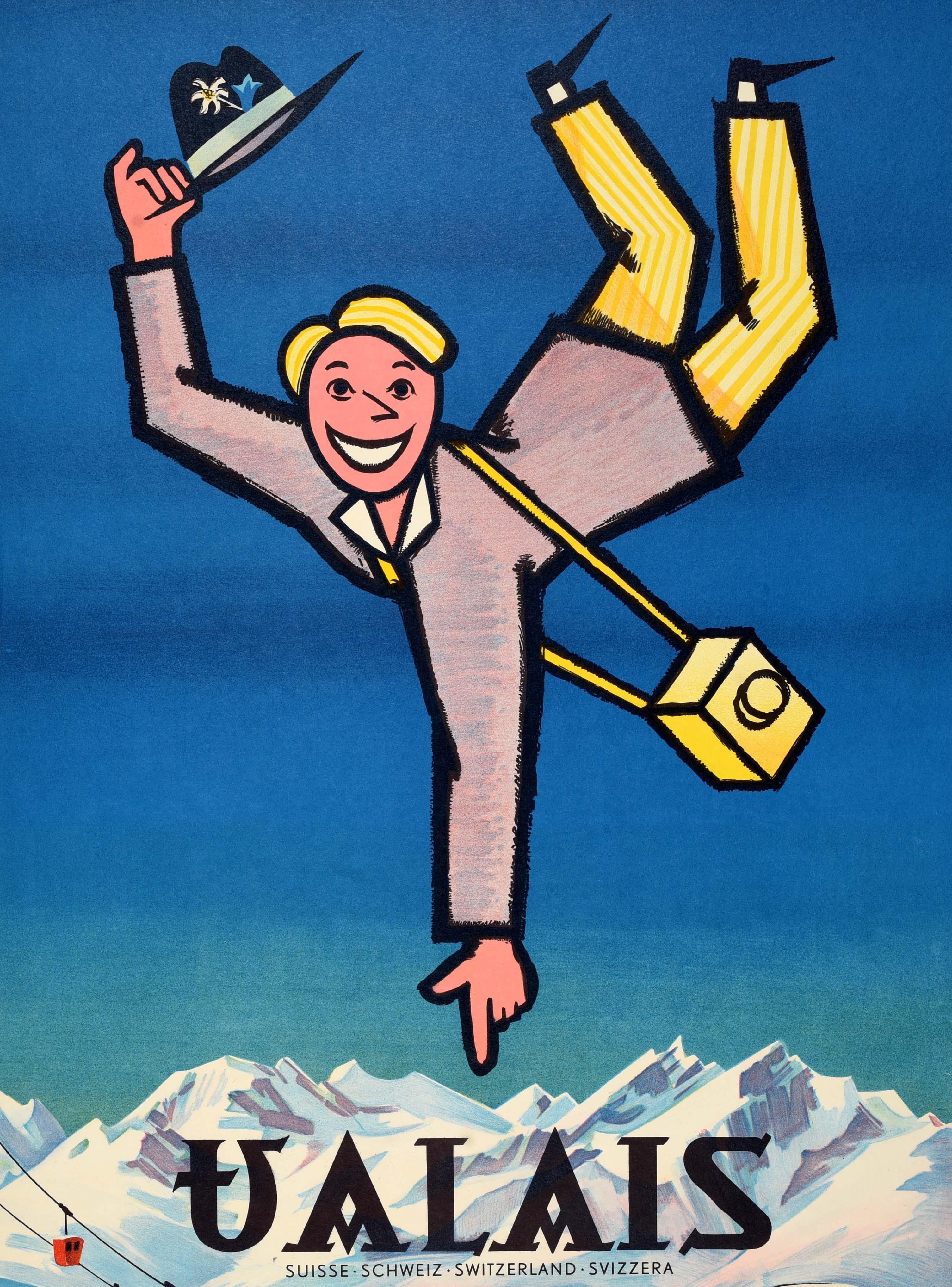 Original Vintage-Werbeplakat, das für Skifahren und Wintersport in der Alpenregion Wallis in der Südschweiz wirbt, wo sich die Skigebiete Saas-Fee, Verbier, Zermatt und Crans-Montana befinden. Lustiges und farbenfrohes Design mit der stilisierten