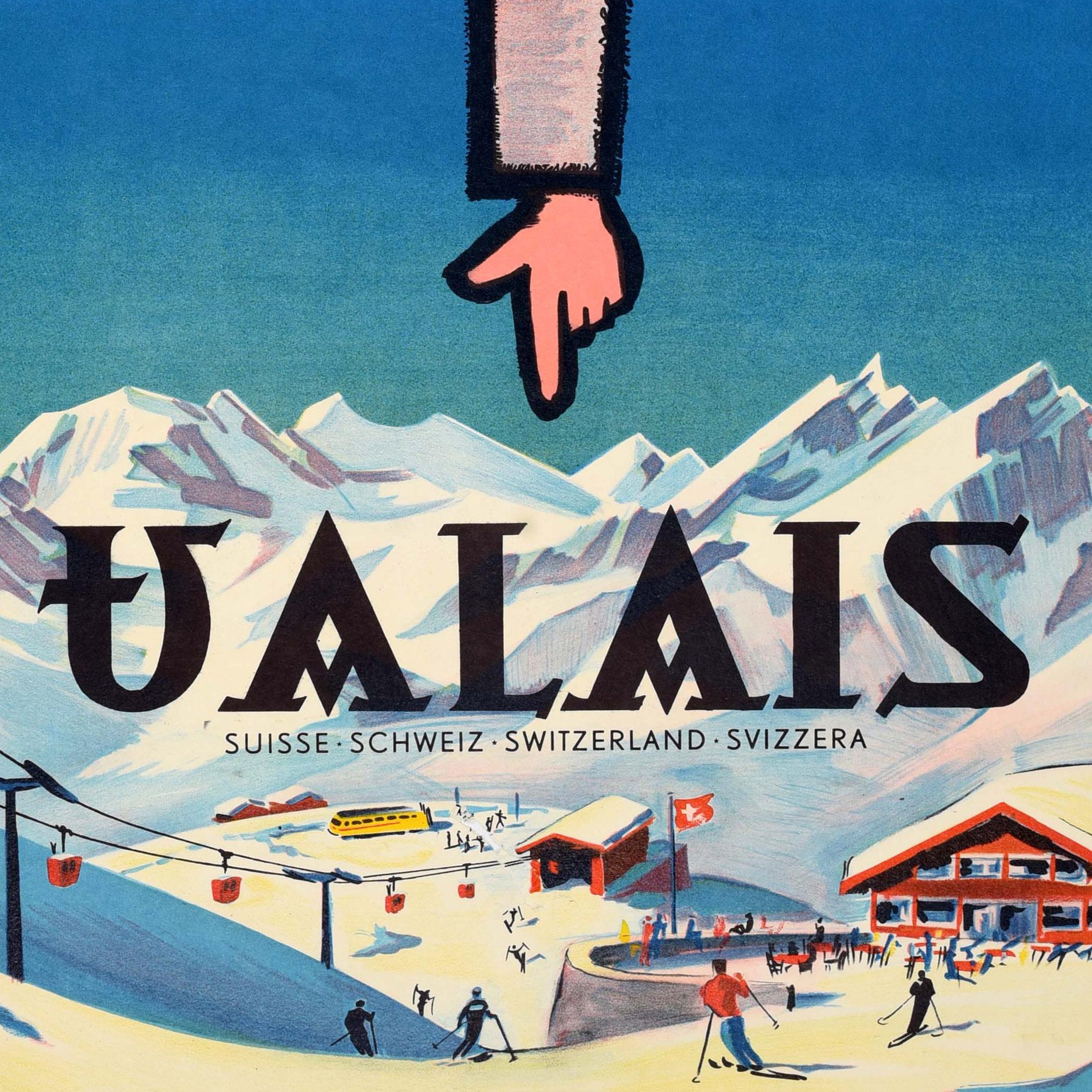 Original Vintage Travel Werbeplakat Wallis Schweiz Skigebiet (Mitte des 20. Jahrhunderts) im Angebot