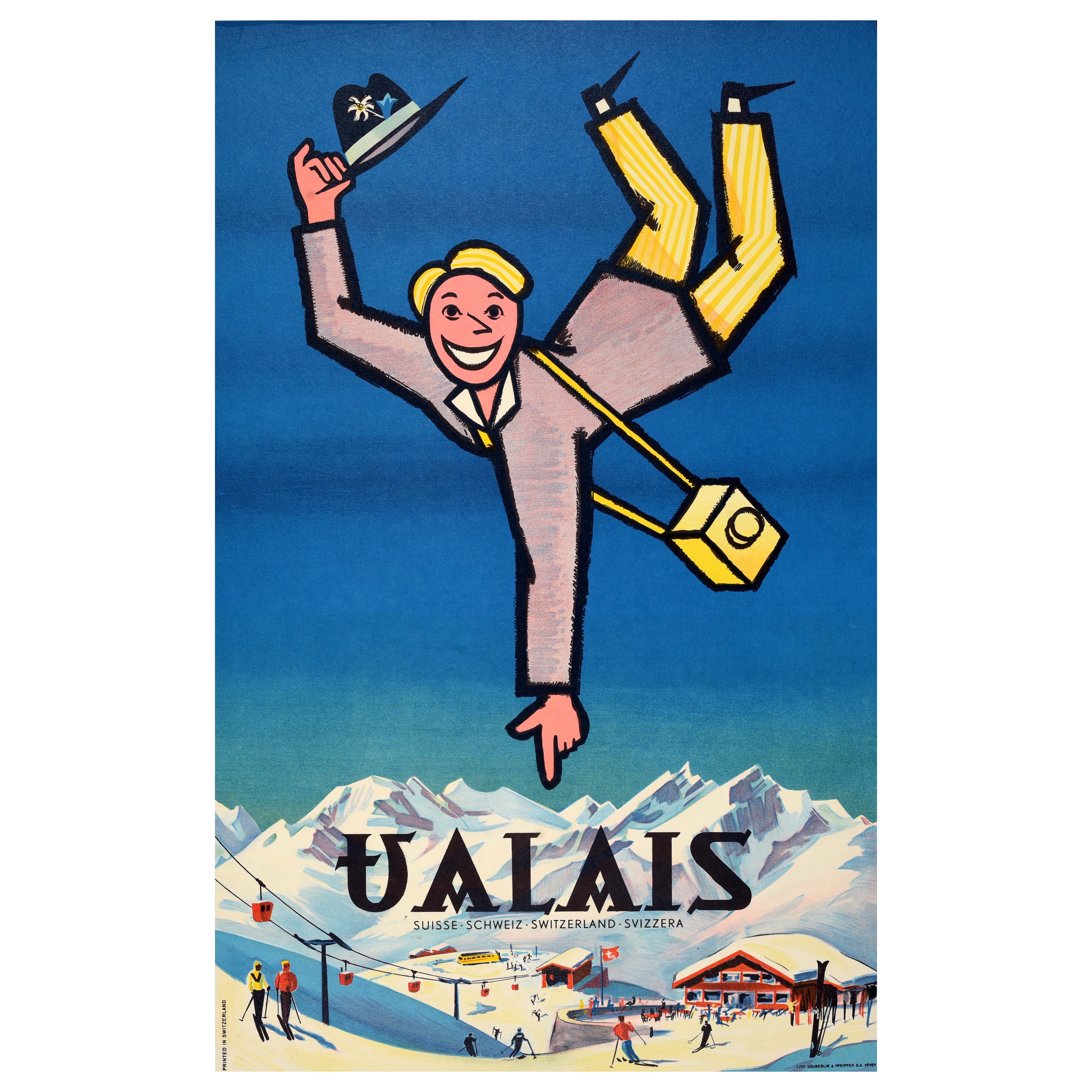 Original Vintage Travel Advertising Poster Valais Switzerland Ski Resort