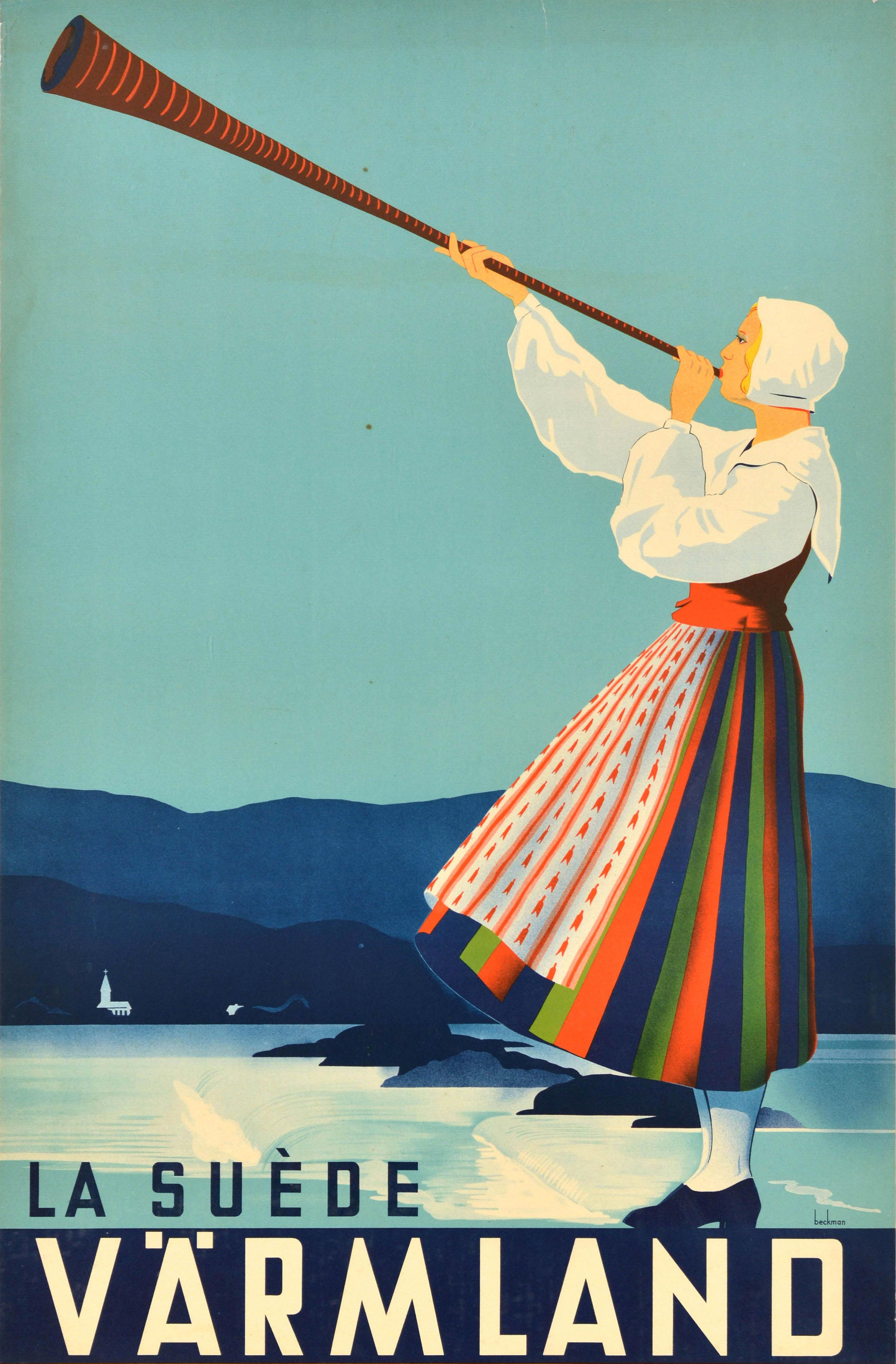 Original vintage travel advertising poster for La Suede Varmland Terre Promise du Touriste / Varmland Sweden The Promised Land for Tourists featuring an illustration by Anders Beckman (1907-1967) depicting a lady in a traditional Swedish dress