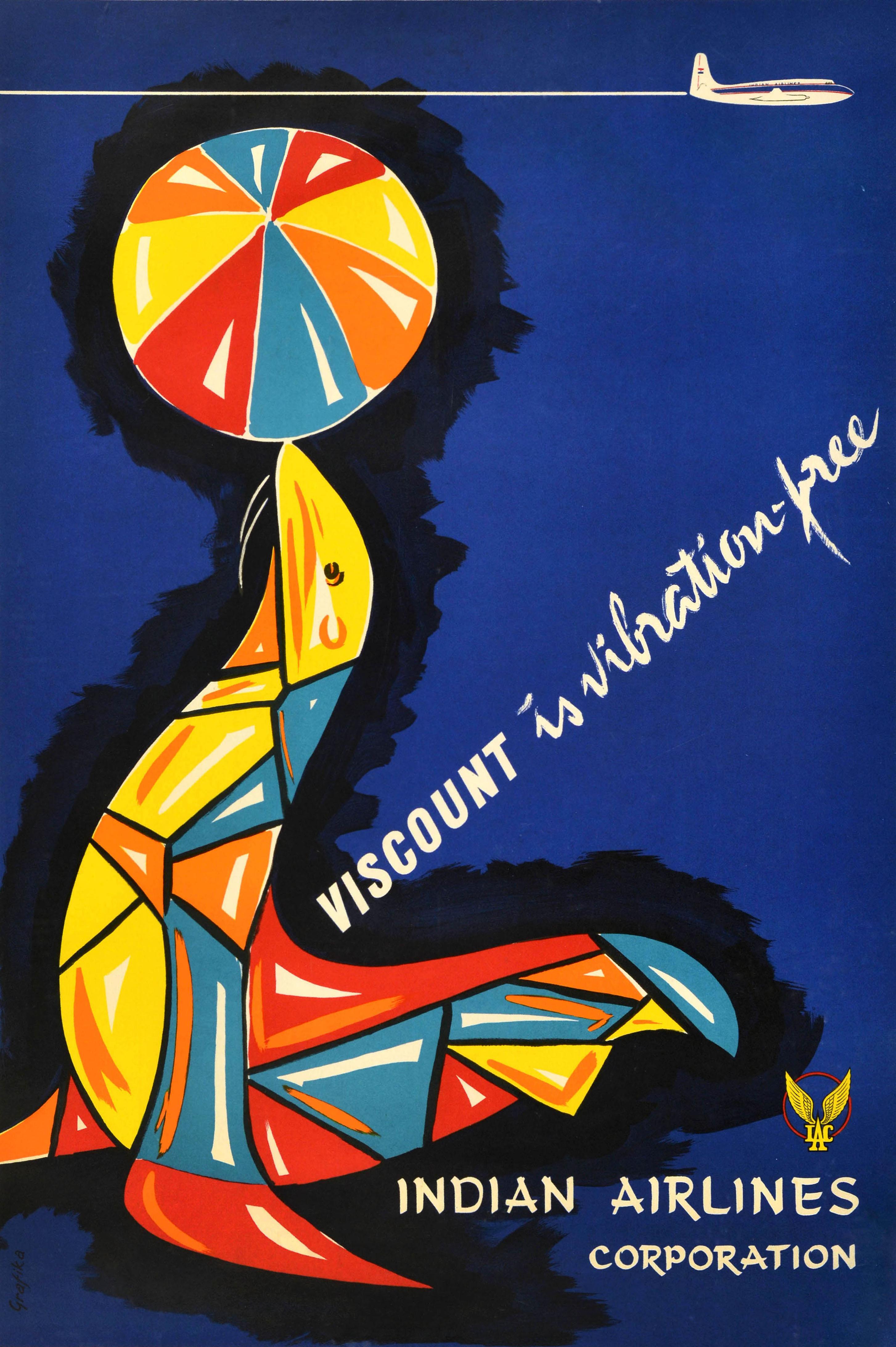 Poster pubblicitario vintage originale di Indian Airlines Corporation - Viscount is vibration free - con una divertente illustrazione di una foca colorata che tiene in equilibrio un pallone da spiaggia a strisce sul naso con un aereo che vola sullo