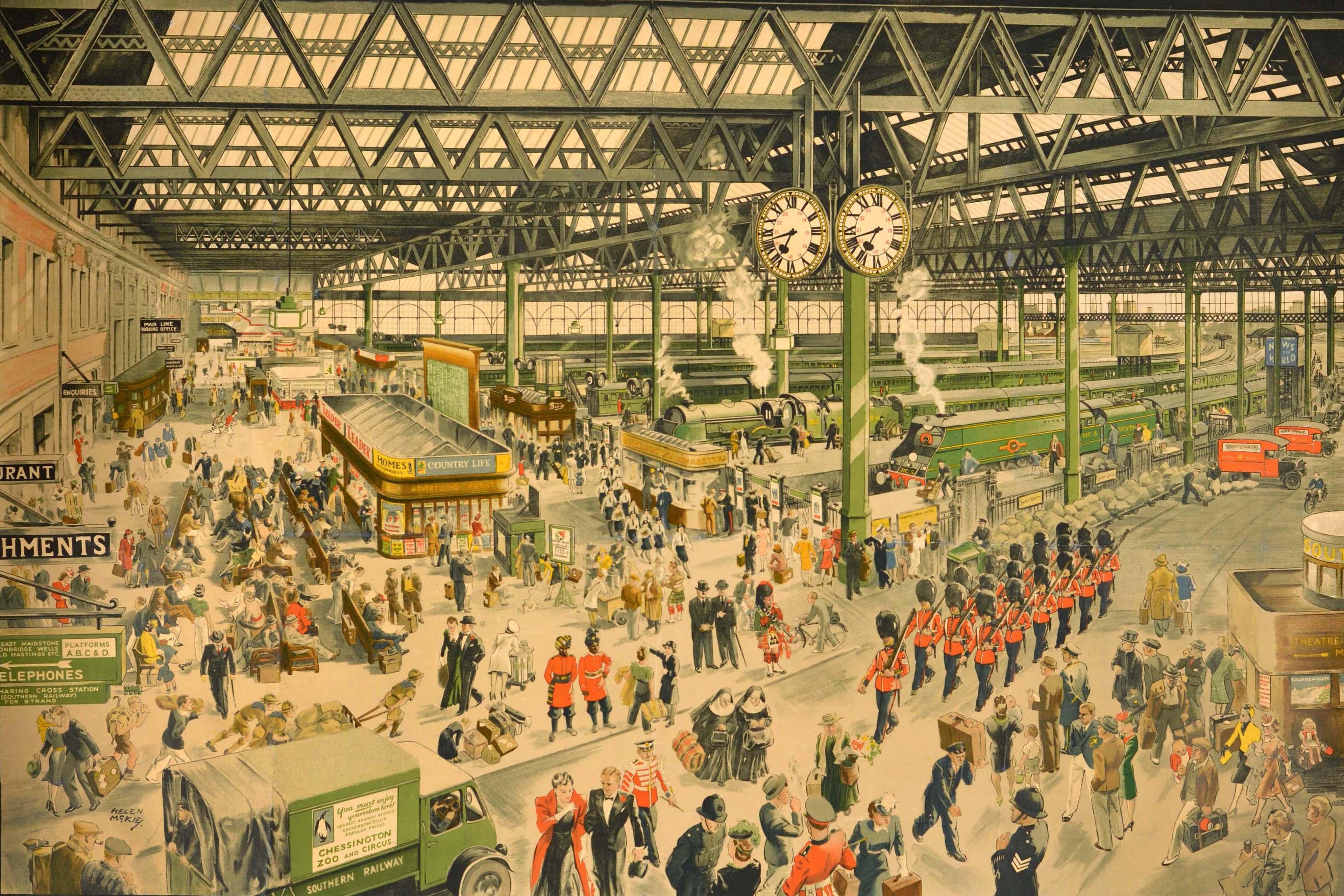 Original vintage train travel advertising poster issued by Southern Railway - Waterloo Station 1848-1948 A Centenary of Uninterrupted Service During Peace and War - featuring a detailed illustration of the busy Central London station depicting