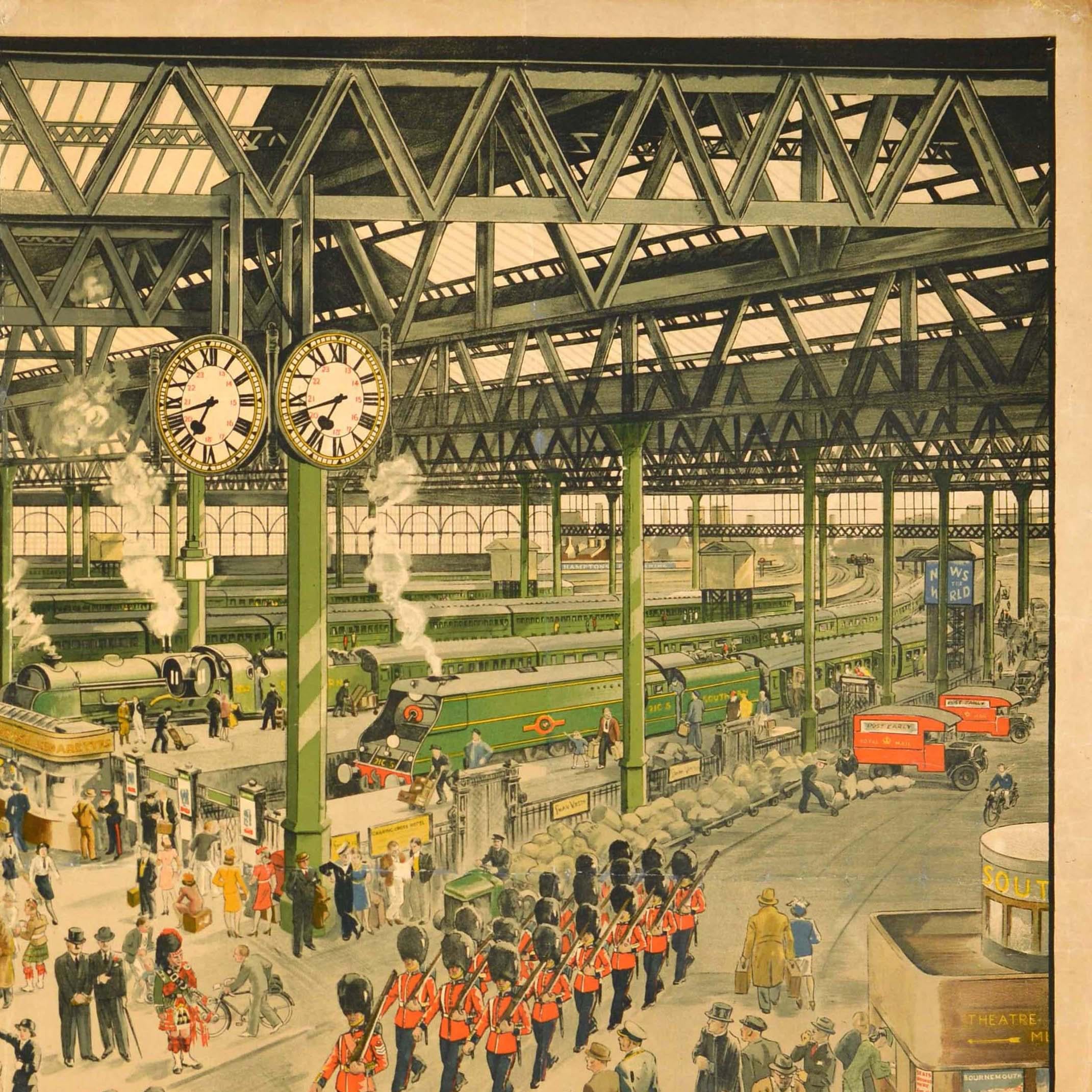 Original Vintage Travel Advertising Poster Waterloo Station Southern Railway In Good Condition For Sale In London, GB