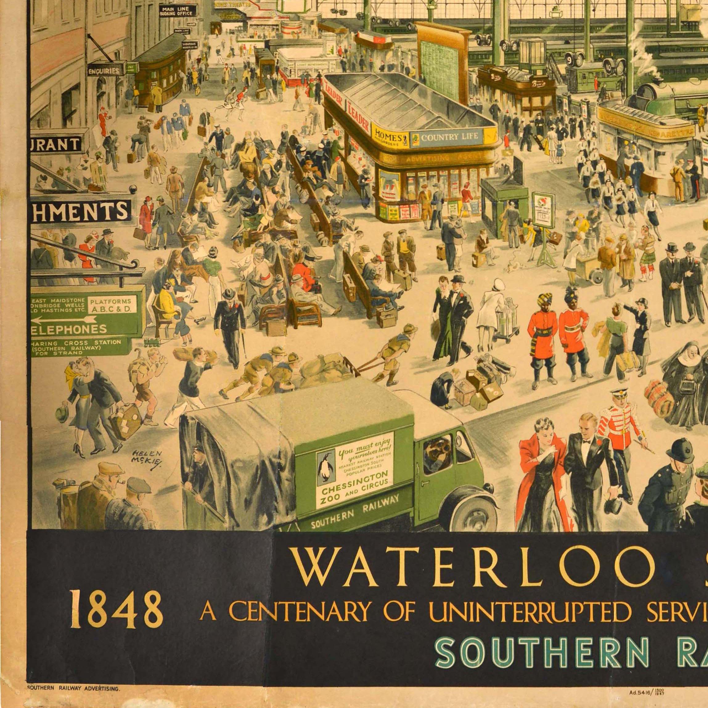 Milieu du XXe siècle Affiche publicitaire originale de voyage Waterloo Station Southern Railway en vente
