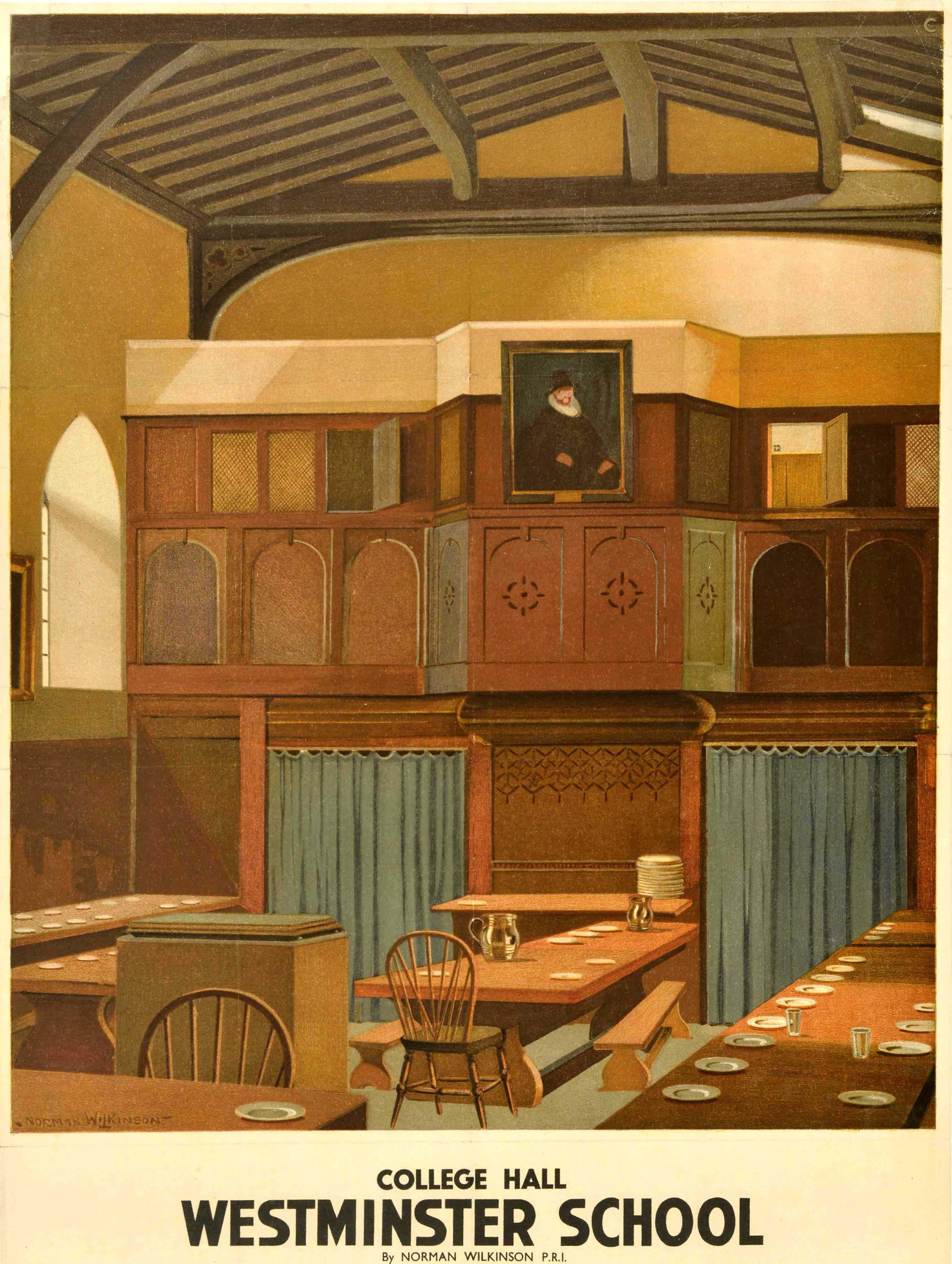 Poster pubblicitario d'epoca originale della London Midland & Scottish Railway LMS - College Hall Westminster School - con un'opera d'arte del noto artista e illustratore britannico Norman Wilkinson (1878-1971) che raffigura una veduta dello storico