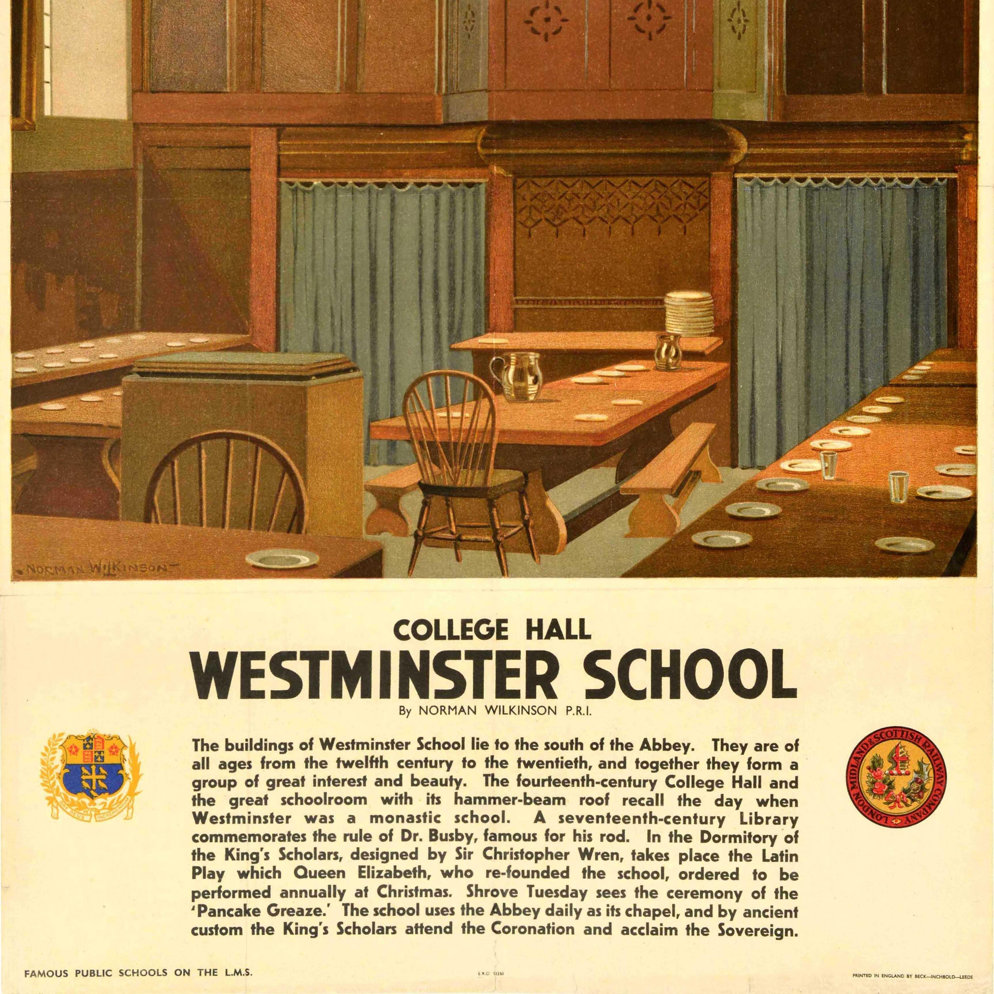 Poster pubblicitario di viaggio originale d'epoca Westminster School College Hall LMS In condizioni buone in vendita a London, GB