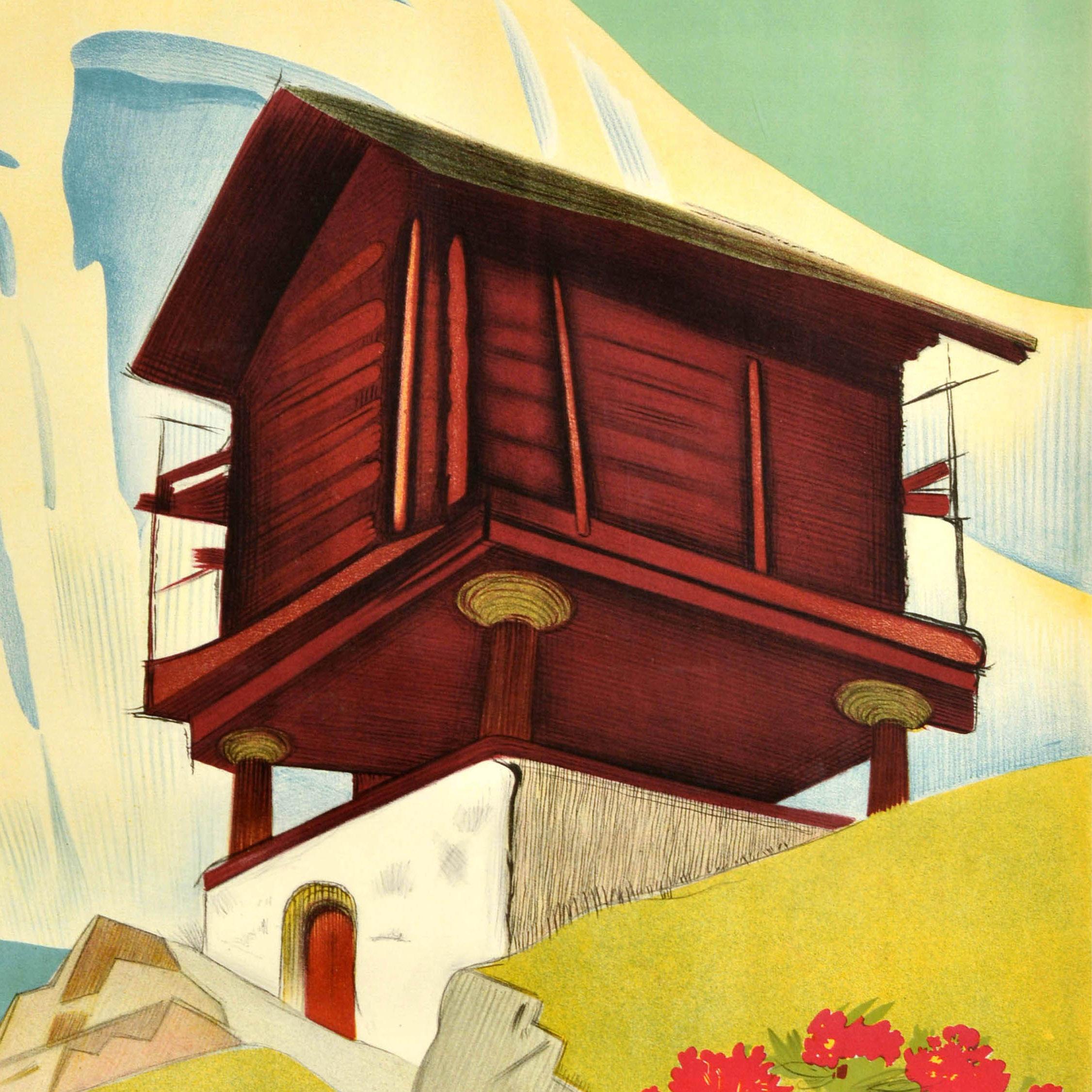 Original vintage Switzerland travel advertising poster - Zinal Valais Suisse - featuring a picturesque hillside view by Erich Hermes (1881-1971) depicting the iconic snow topped Matterhorn mountain with a traditional stone and wood chalet farmhouse