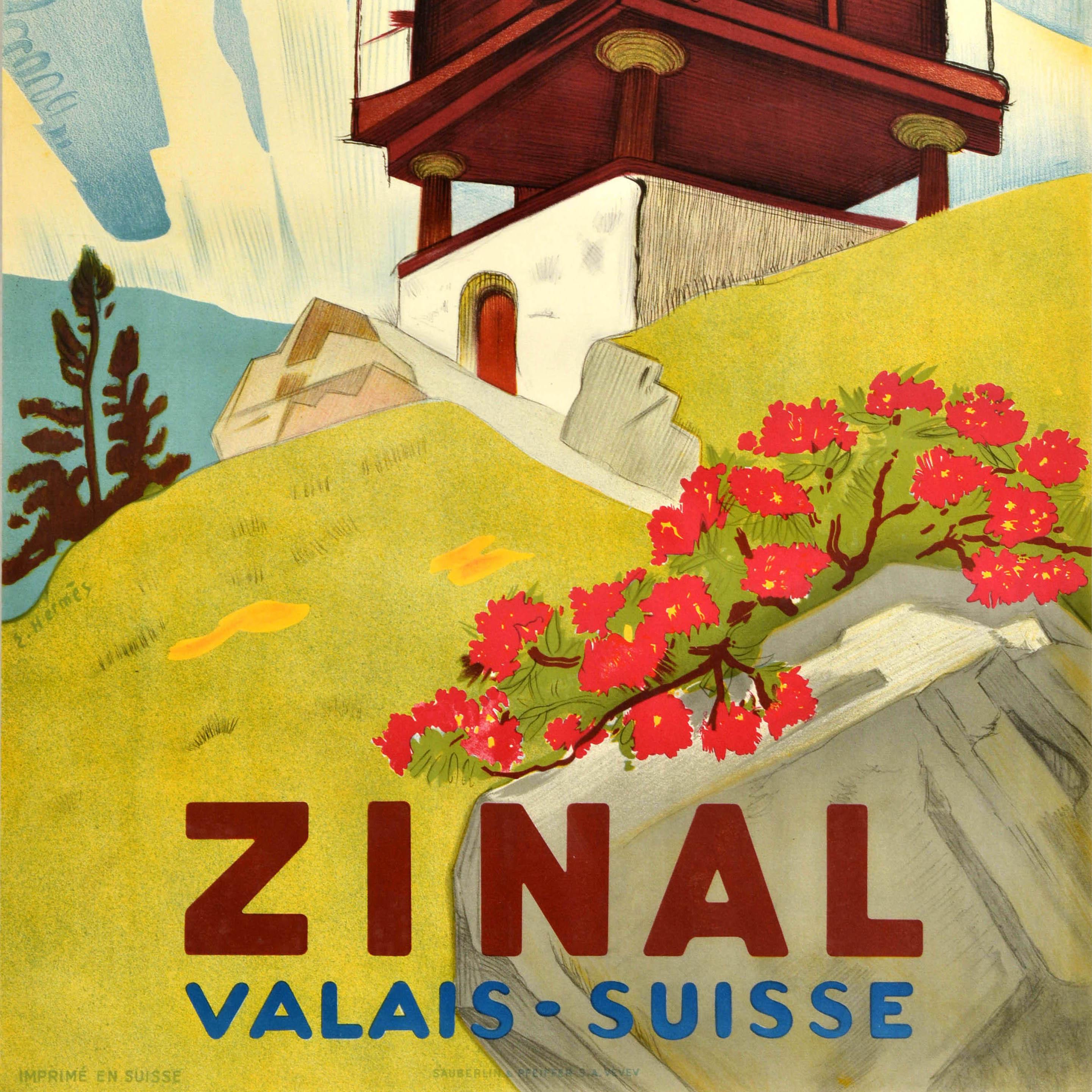 Mid-20th Century Original Vintage Travel Advertising Poster Zinal Valais Suisse Switzerland Swiss
