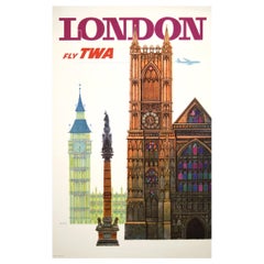 Original Vintage Travel Airline TWA London Poster 1960s, David Klein
