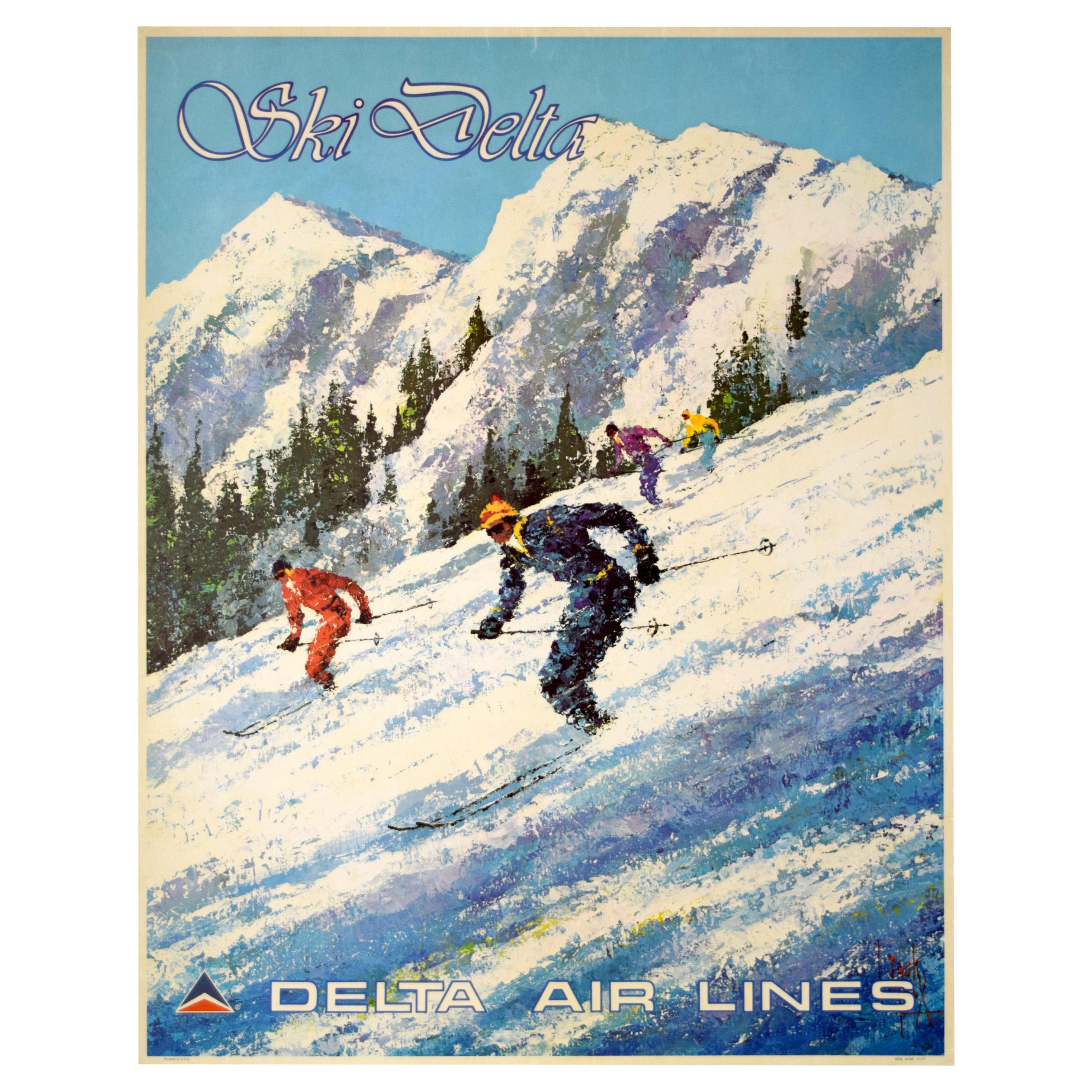 Original Vintage Travel Delta Air Lines Ski Poster, Jack Laycox