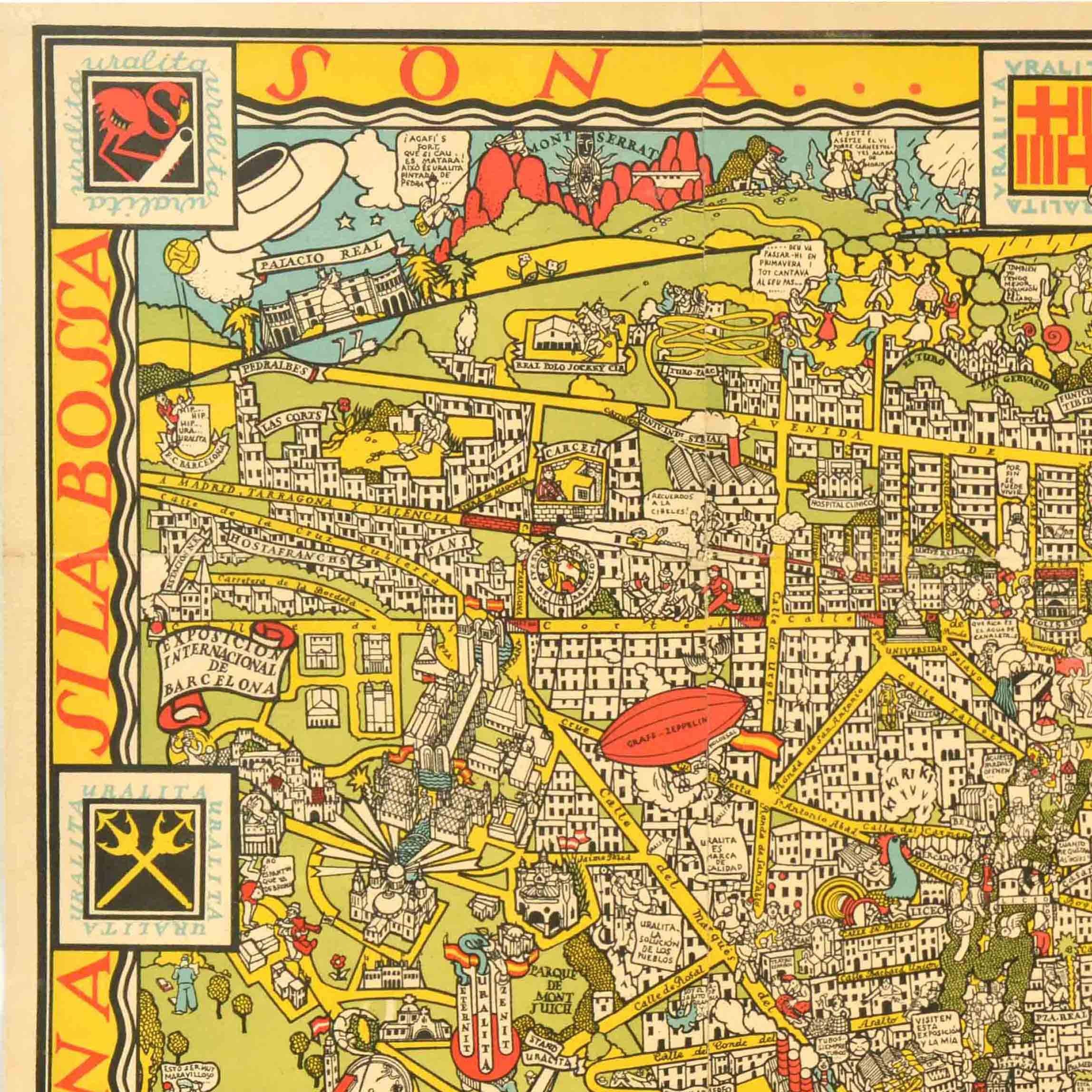 Original Vintage Travel Map Poster Barcelona Karte International Exposition Spanien (Spanisch) im Angebot