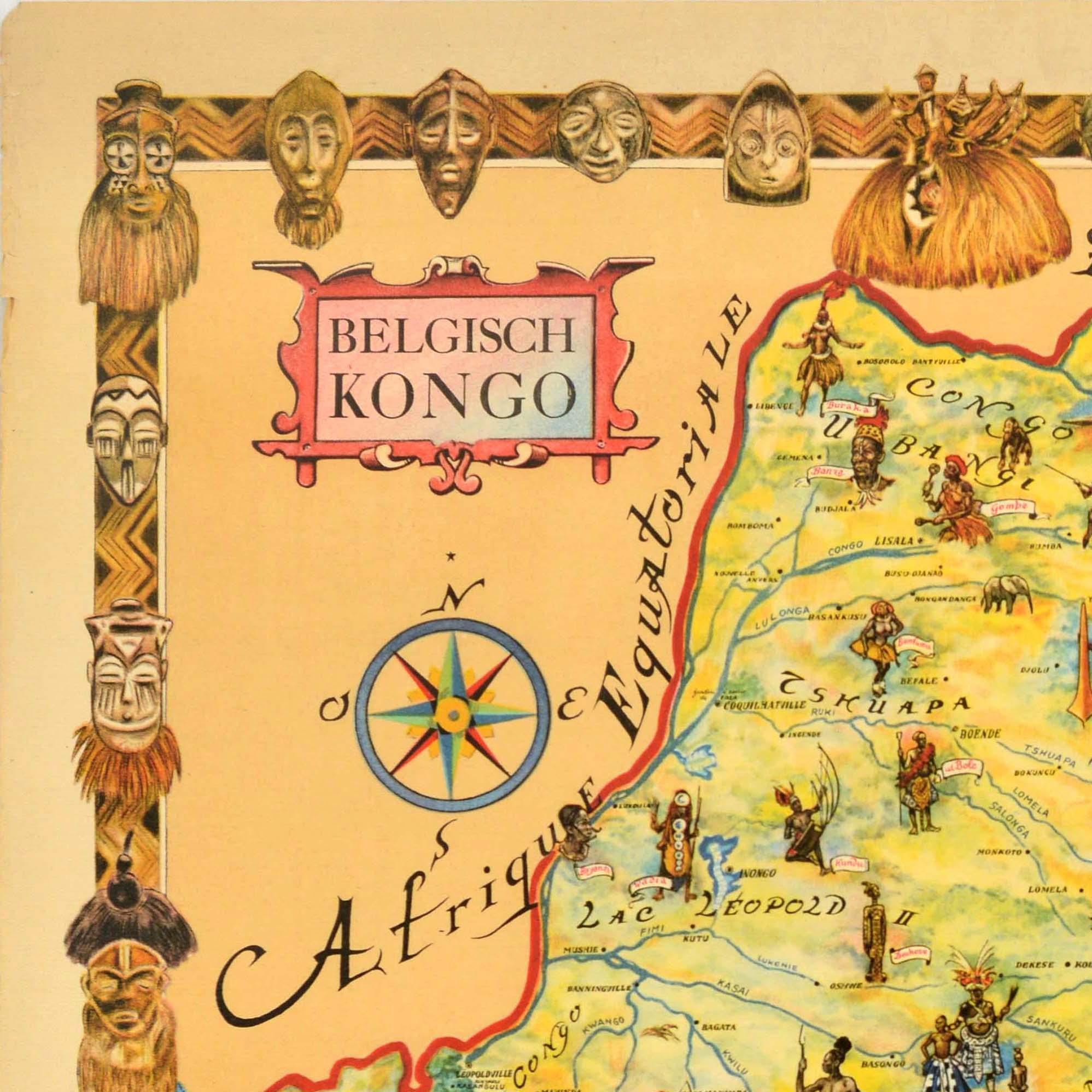 Cartel original de época sobre el Congo Belga / Belgisch Kongo, con un mapa pictórico de la zona que limita con África Ecuatorial, el Sudán francés, Angola, Rodesia, Tanganica y Uganda, en el que aparecen personas con trajes tradicionales, estatuas