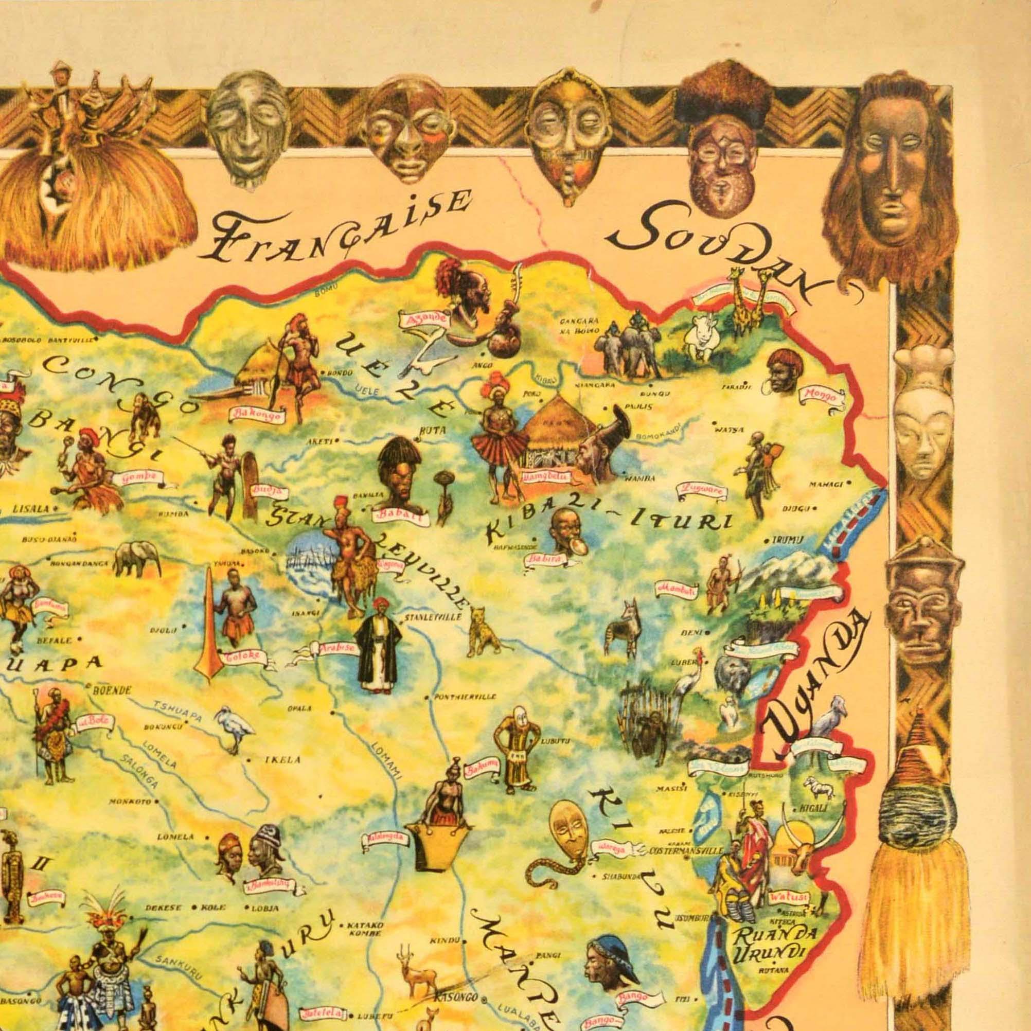 Póster Original Vintage Mapa de Viajes Congo Belga África Thiriar Margraff Bélgica en Bueno estado para la venta en London, GB