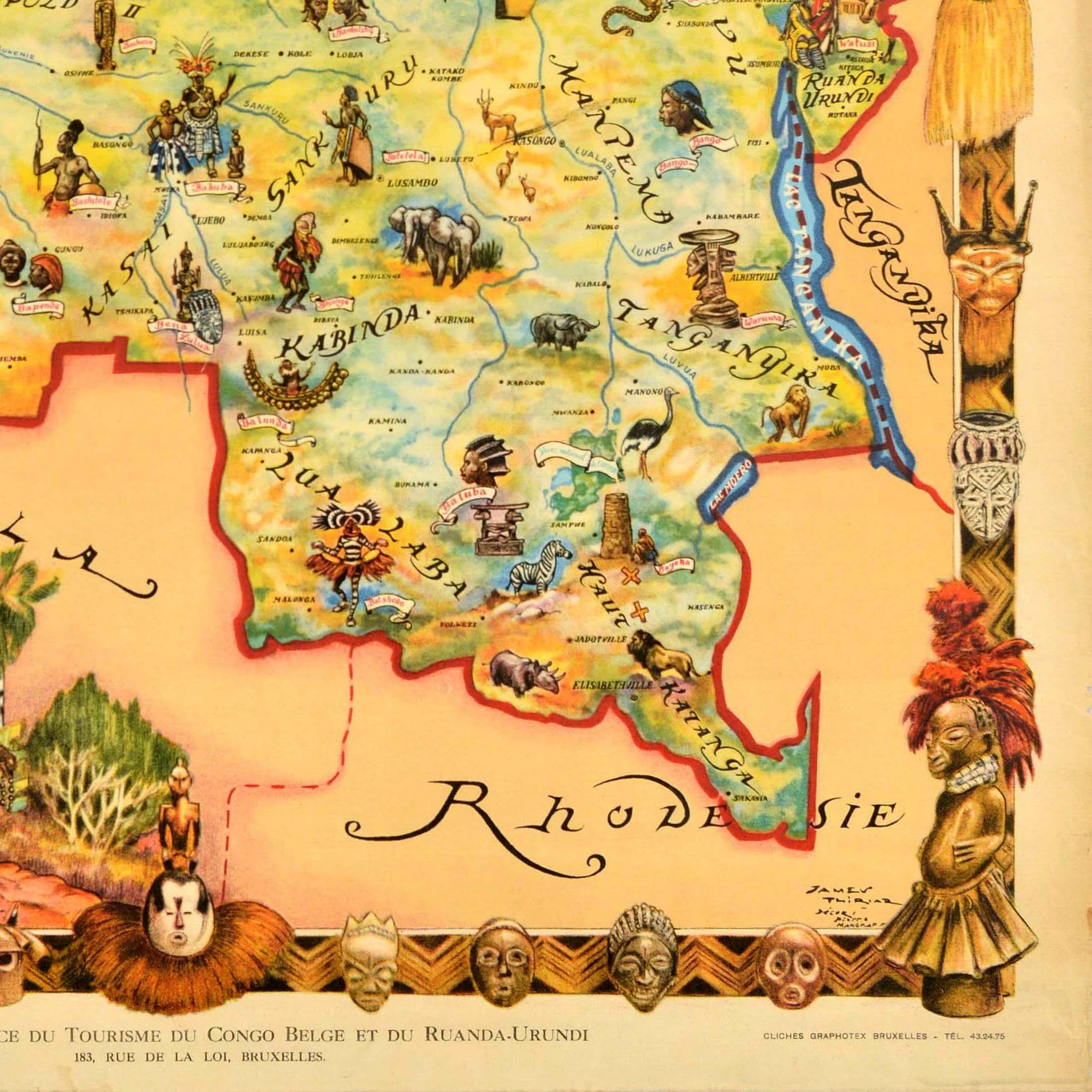Póster Original Vintage Mapa de Viajes Congo Belga África Thiriar Margraff Bélgica Papel en venta