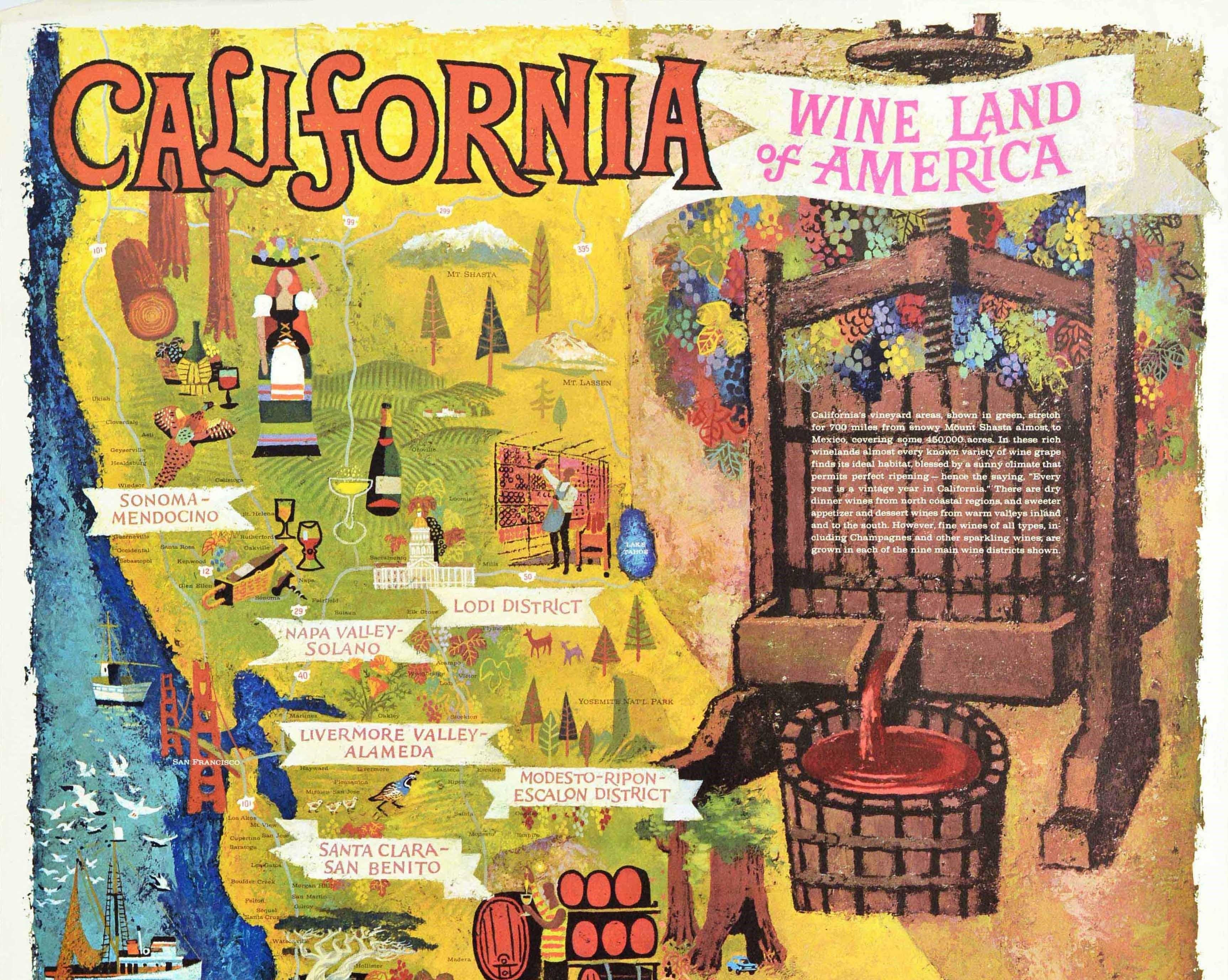 Original vintage travel poster for California Wine Land of America featuring a map with the areas and districts marked on banners and colourful illustrations including vineyards and winemakers, wine barrels and bottles, notable locations and