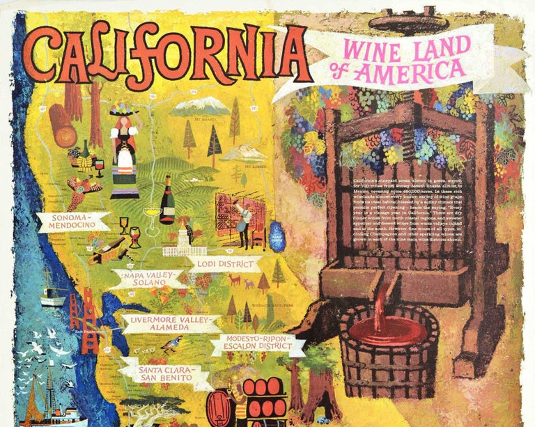 Original Vintage Travel Map Poster California Wine Land Of America