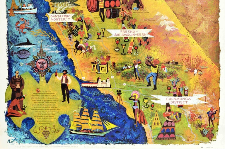 Original Vintage Travel Map Poster California Wine Land Of America ...