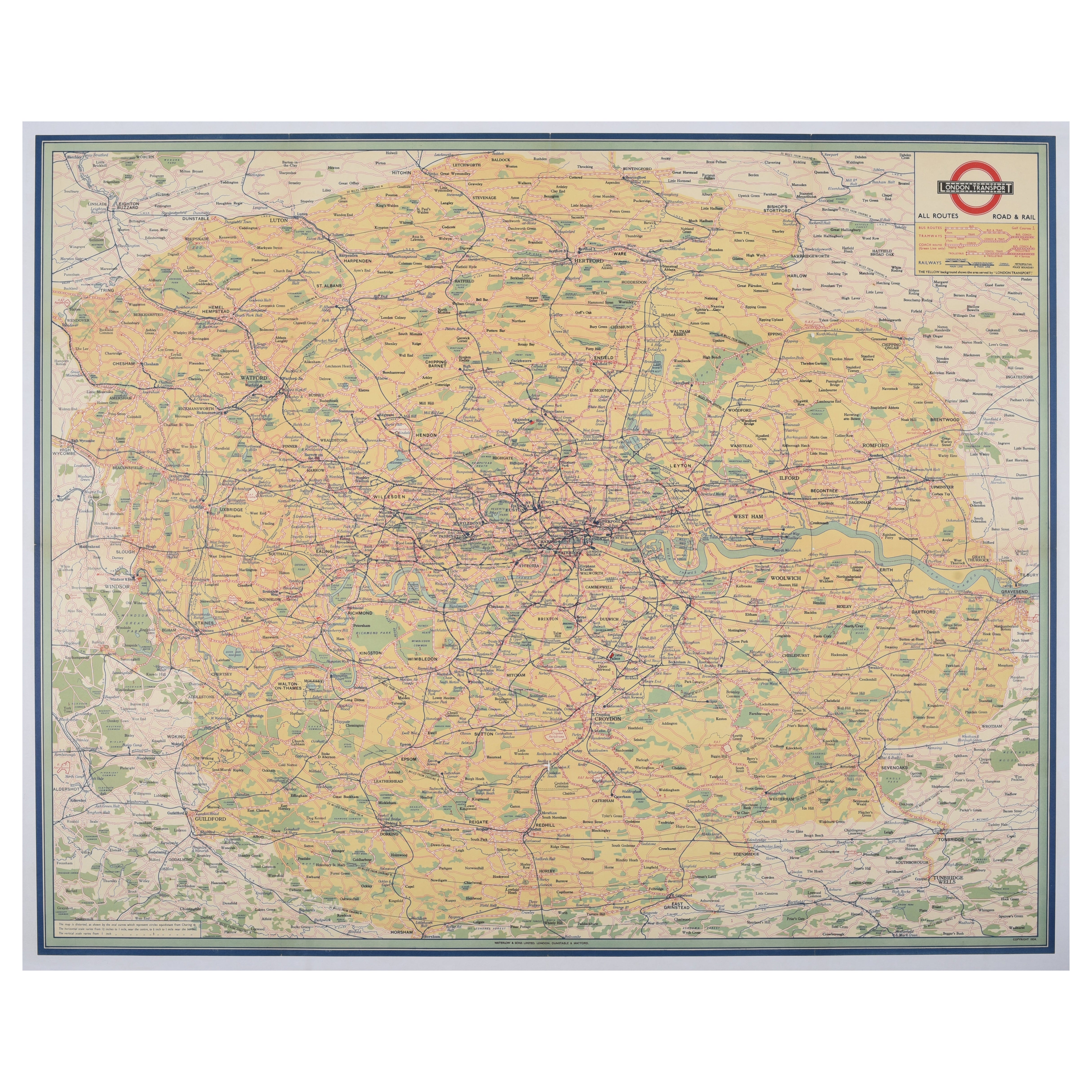 Poster mappa di viaggio originale d'epoca Trasporti di Londra Tutti i percorsi stradali e ferroviari Regno Unito