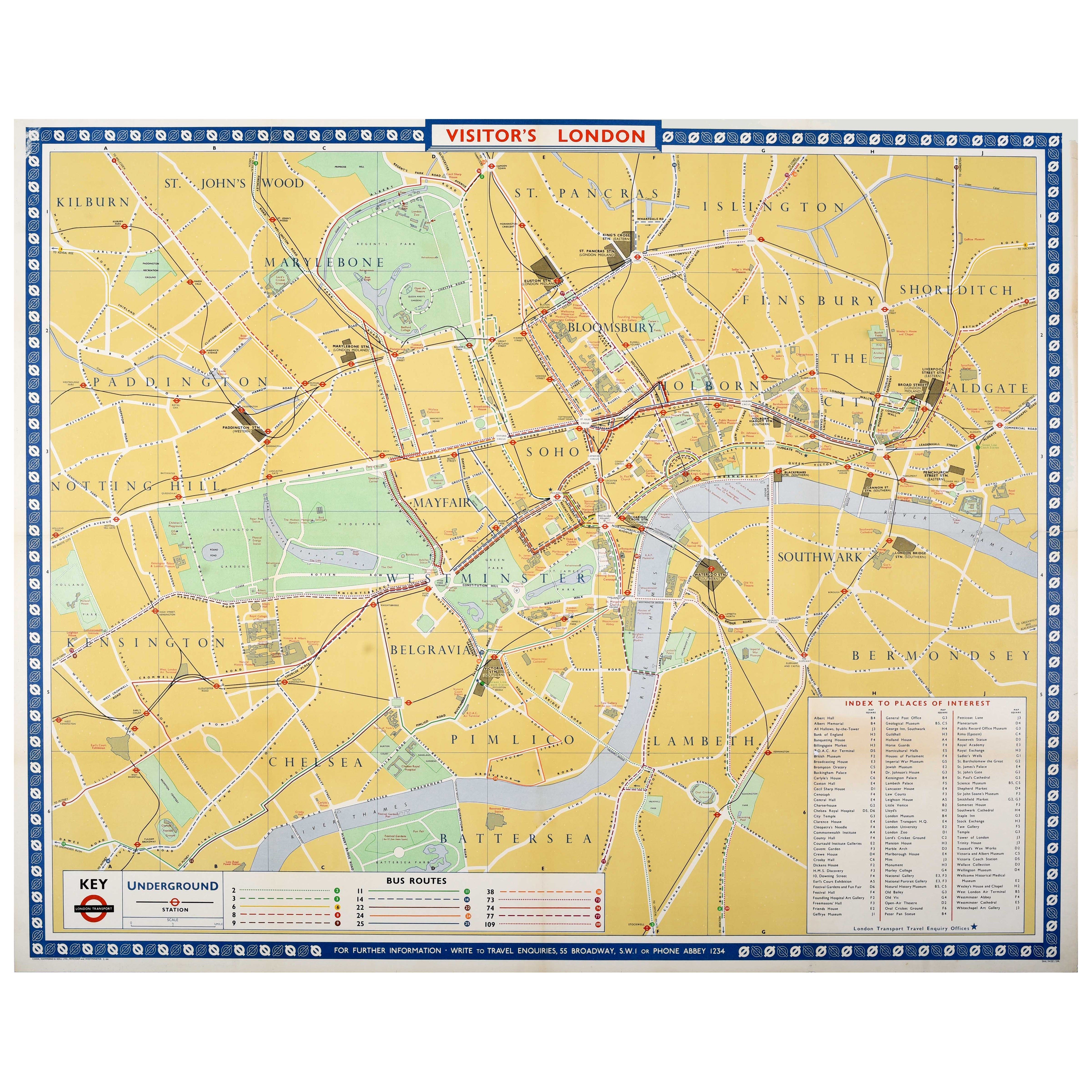 Mappa di viaggio originale Vintage Poster Visitatori Londra Trasporti Metropolitana Regno Unito