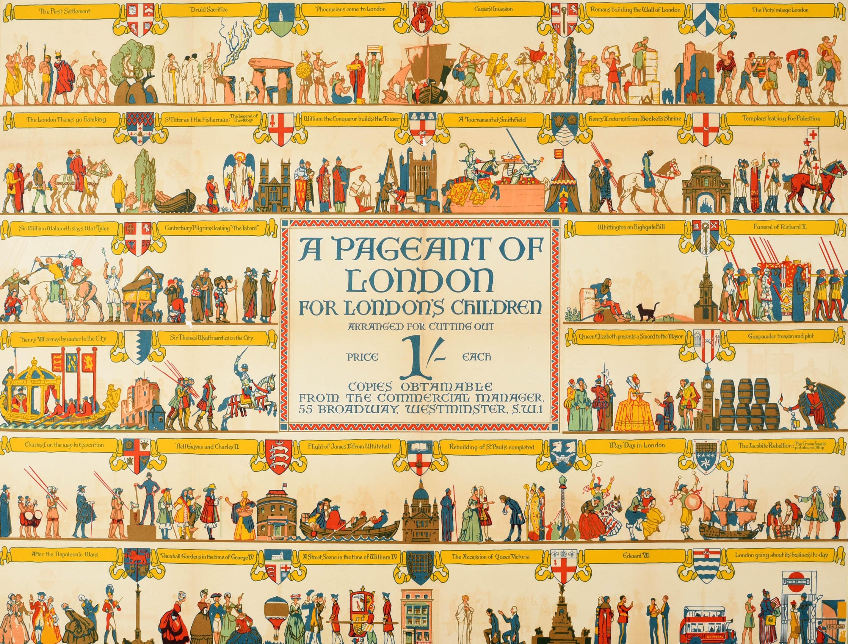 Original vintage London Transport travel advertising poster - A Pageant of London for London's Children arranged for cutting out - featuring colourful images covering the history of London from The First Settlement and a Druid Sacrifice through the