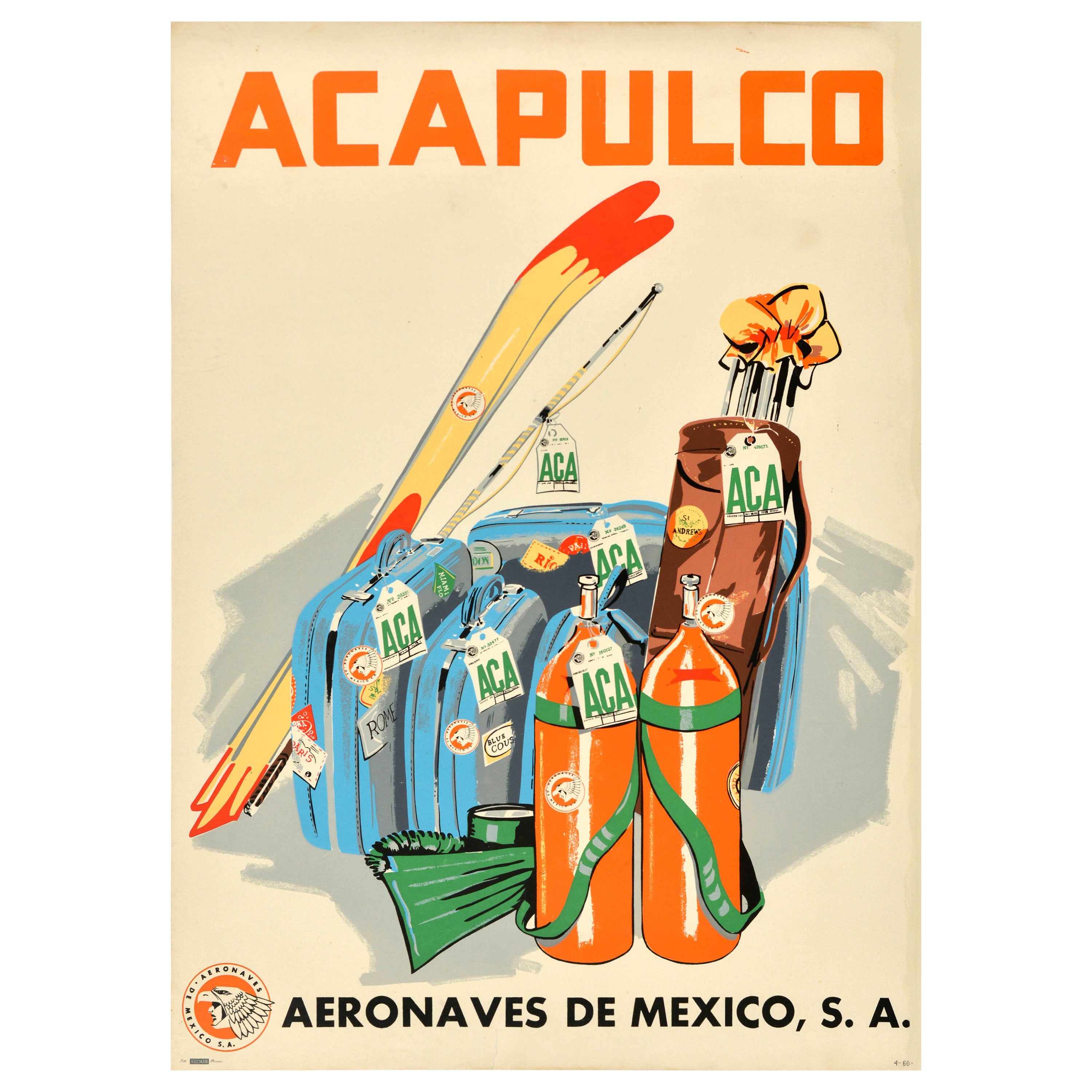 Poster di viaggio originale d'epoca Acapulco Aeronaves De Mexico Diving Golf Waterski
