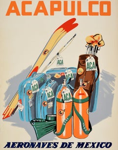 Original Vintage Travel Poster Acapulco Aeronaves De Mexico Scuba Golf Skiing