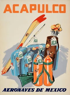 Original Vintage Travel Poster Acapulco Aeronaves De Mexico Scuba Golf Skiing