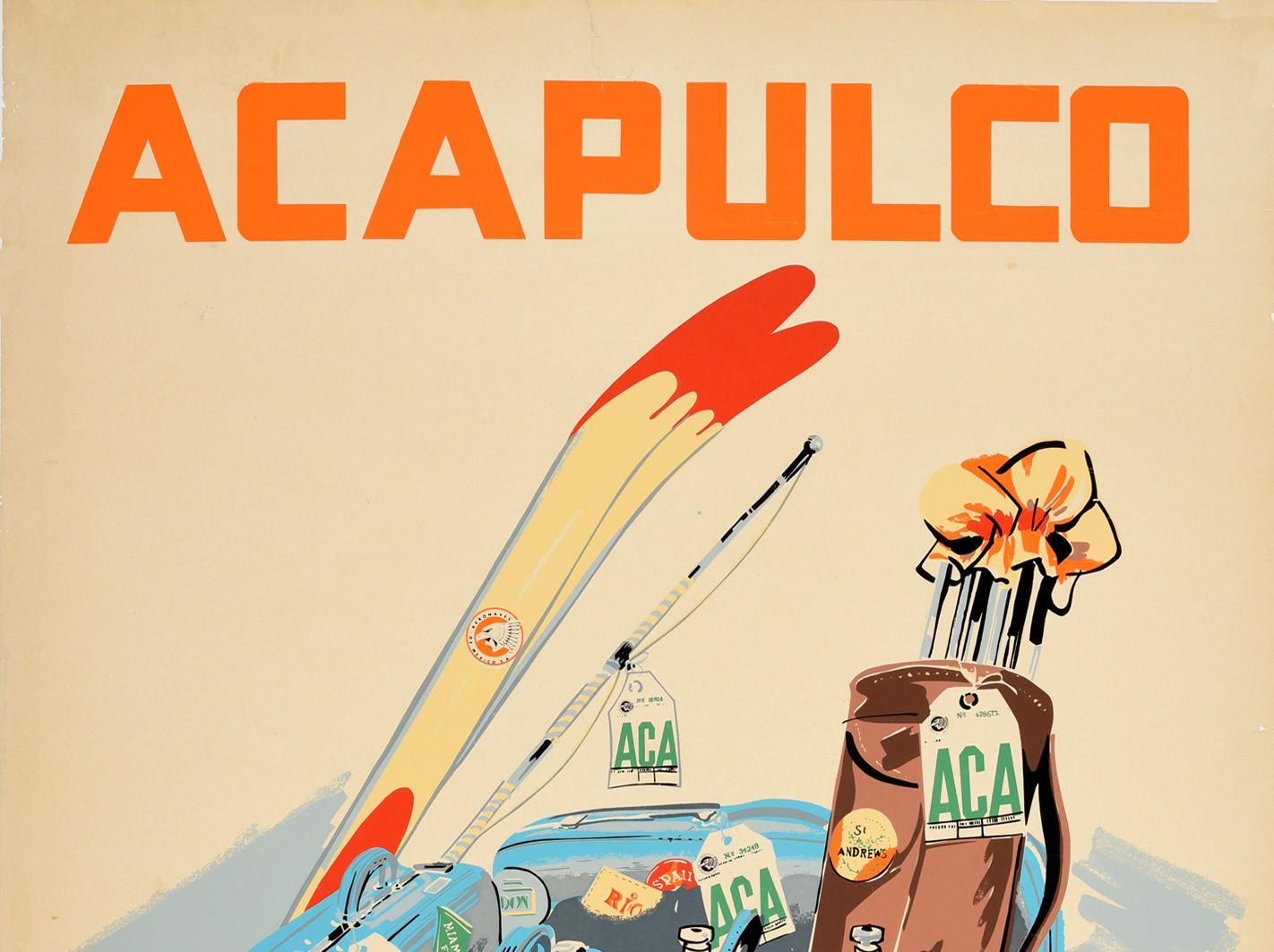Original vintage air travel poster for Acapulco issued by Aeronaves De Mexico (Aeromexico; founded 1934) featuring a great image depicting scuba diving tanks and equipment including a mask and fins with suitcases and bags, a golf set and skis as
