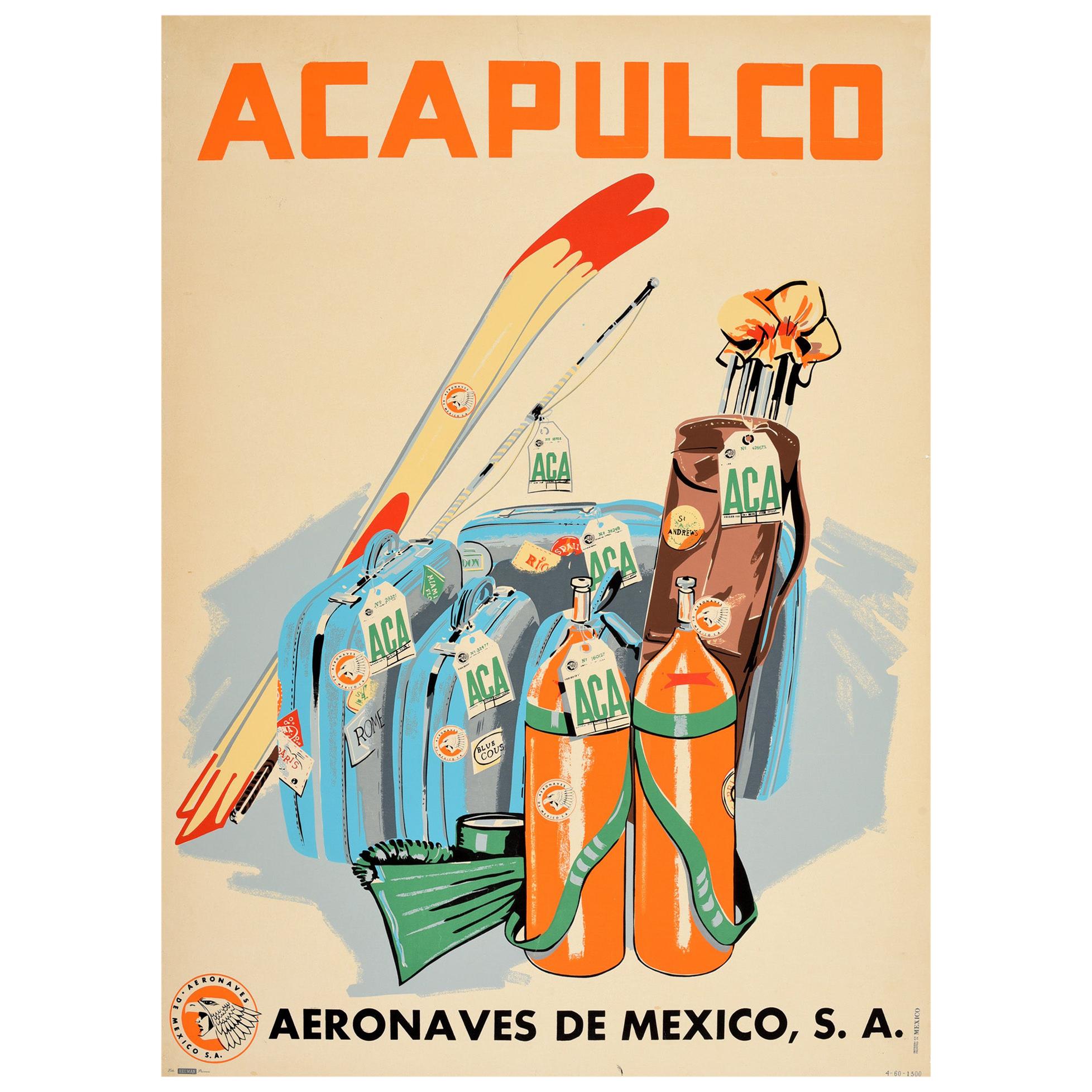 Original Vintage Travel Poster Acapulco Diving Golf Sport Aeronaves De Mexico