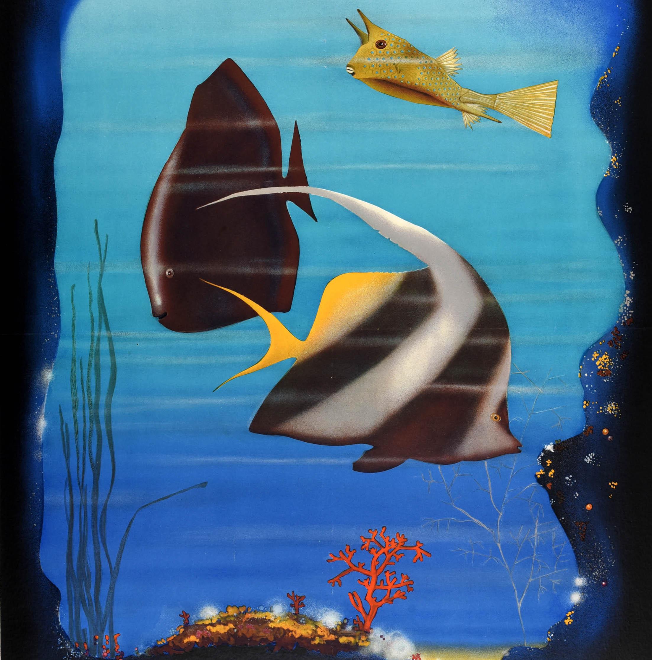 Affiche de voyage vintage originale pour la publicité de l'Aquarium de Monaco présentant un superbe dessin représentant des poissons nageant avec des herbes et des coraux sur le fond sablonneux et les bords scintillant sur le fond sombre, le