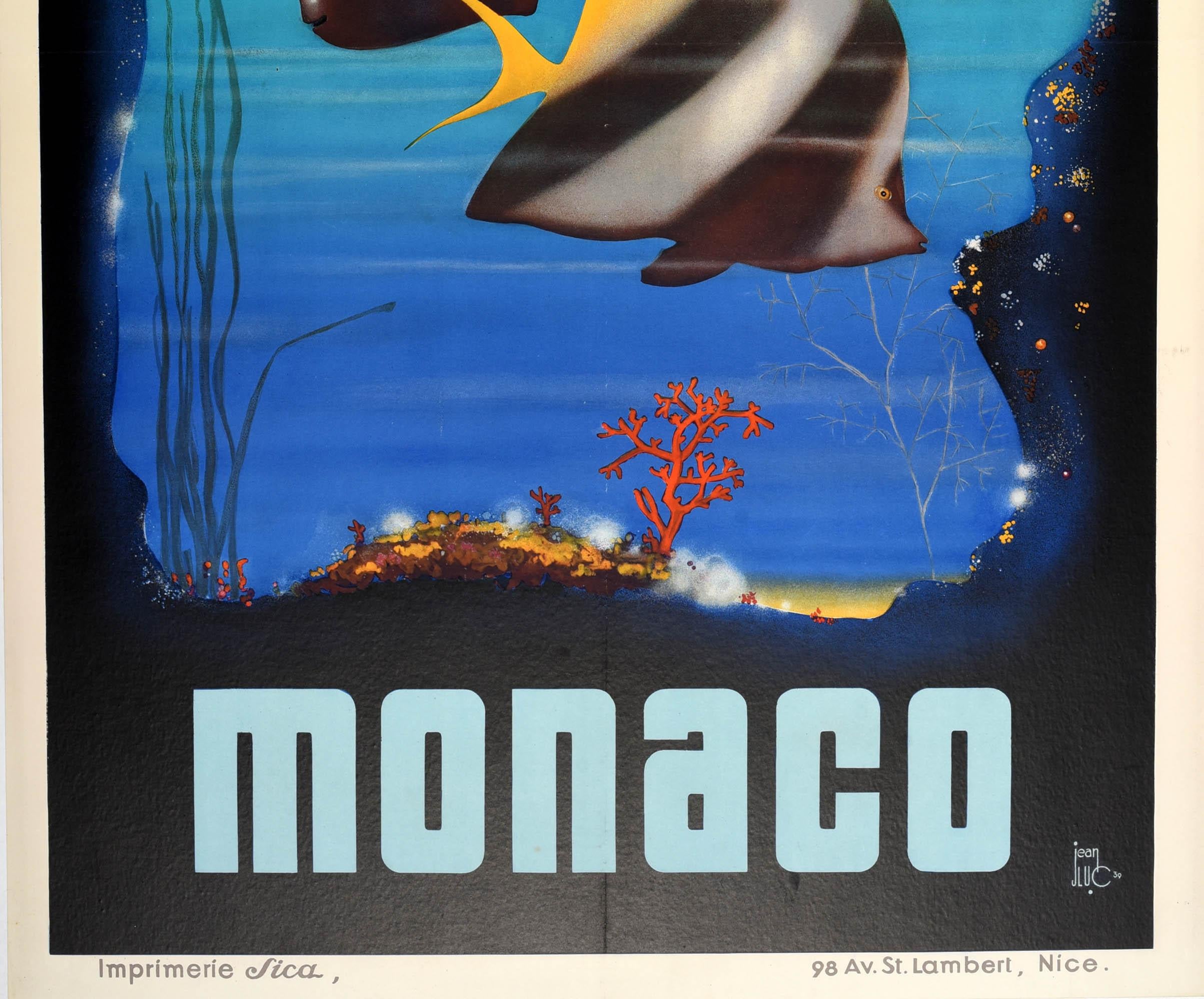 Français Affiche de voyage vintage originale publicitaire Monaco Aquarium Art Deco Ocean Museum en vente