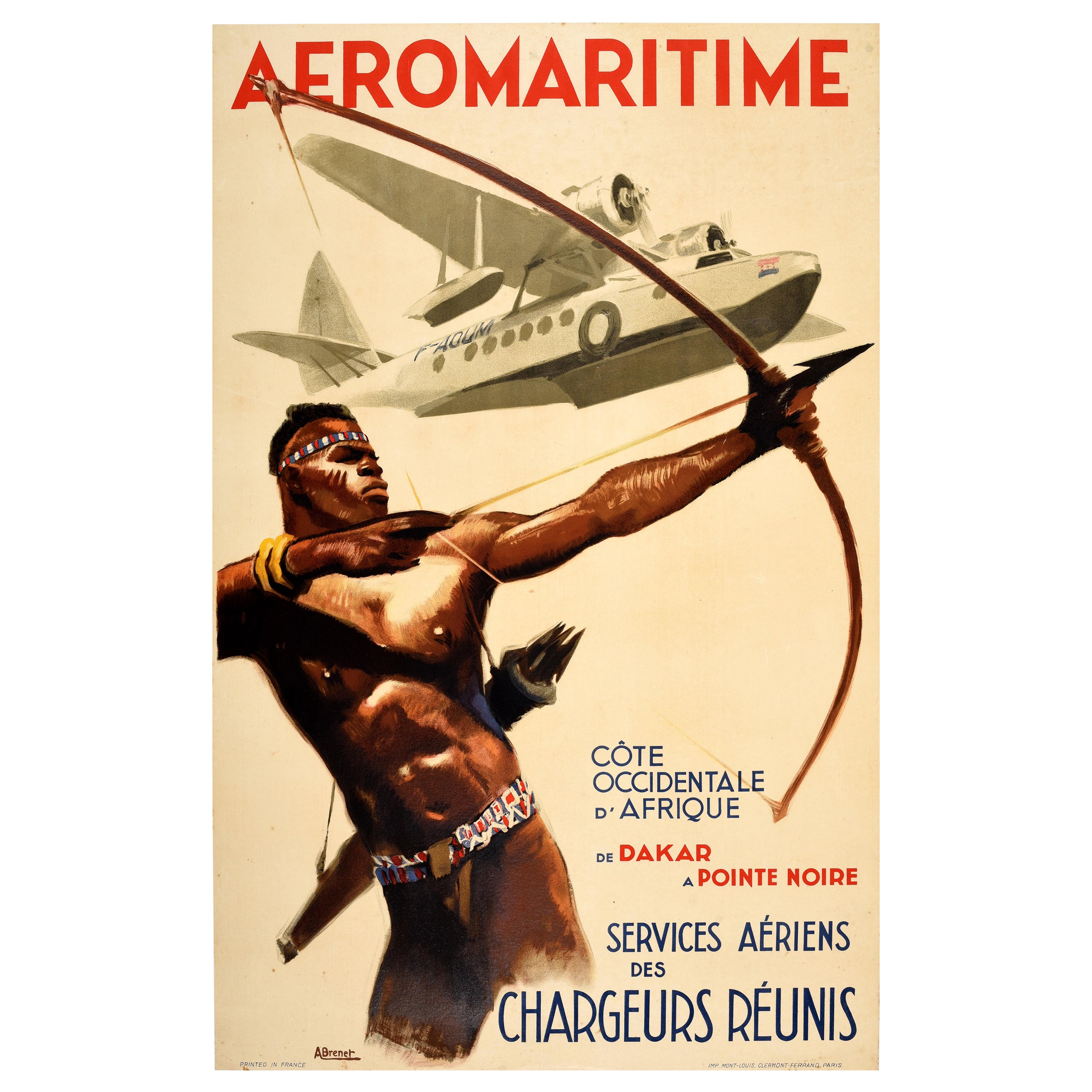 Affiche de voyage originale d'Aeromaritime West Coast Africa Albert Brenet en vente