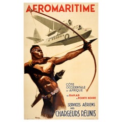 Cartel de viaje original de época Aeromaritime Costa Oeste de África Albert Brenet