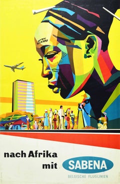 Original-Vintage-Reiseplakat Afrika Sabena Airlines, Mid-Century Modern Design