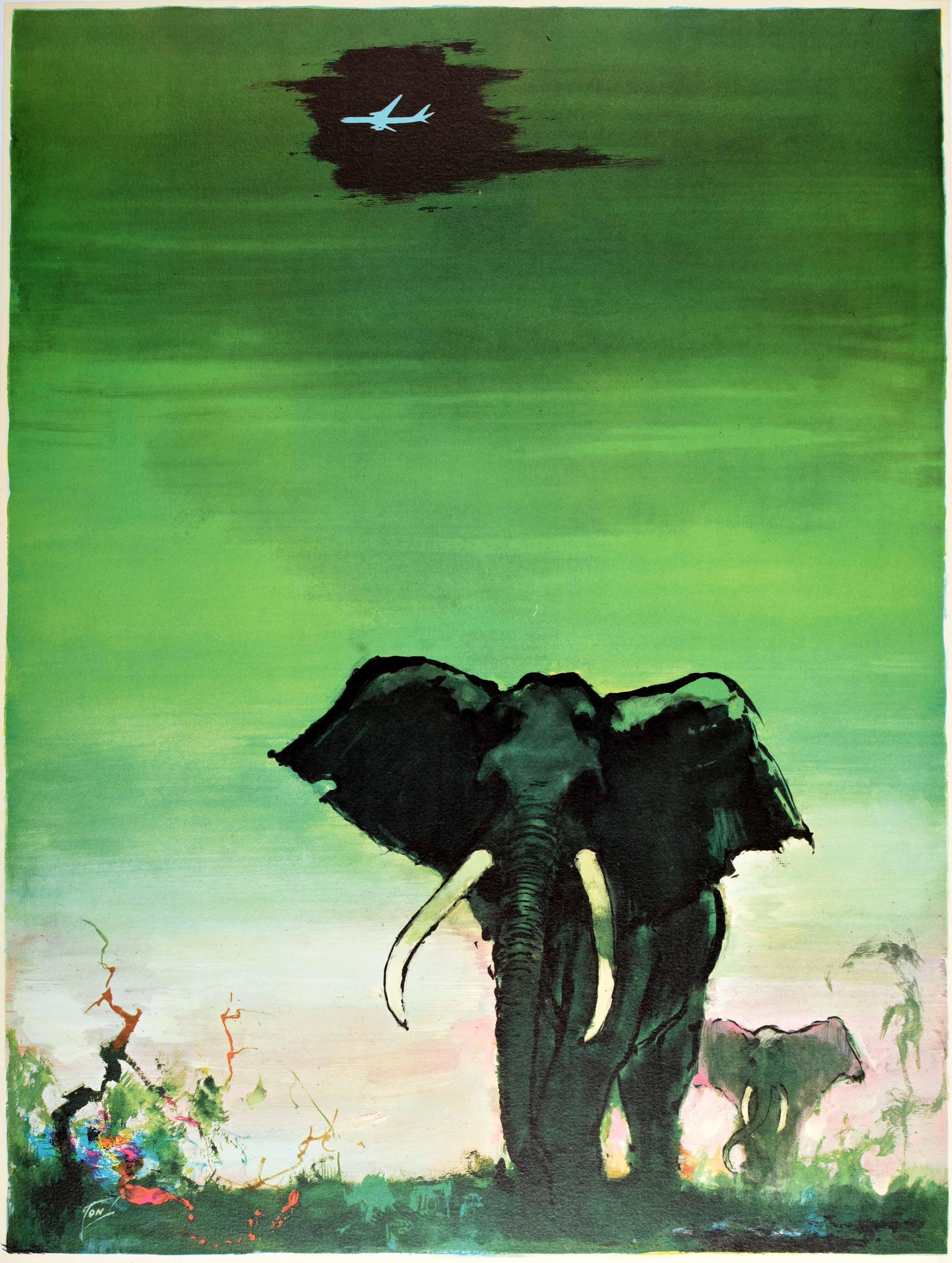 Original Vintage-Reiseplakat für Afrika, herausgegeben von SAS Scandinavian Airlines System, mit einem atemberaubenden Kunstwerk des bekannten dänischen Künstlers Otto Nielsen (1916-2000), das Elefanten zeigt, die in der Savanne auf den Betrachter