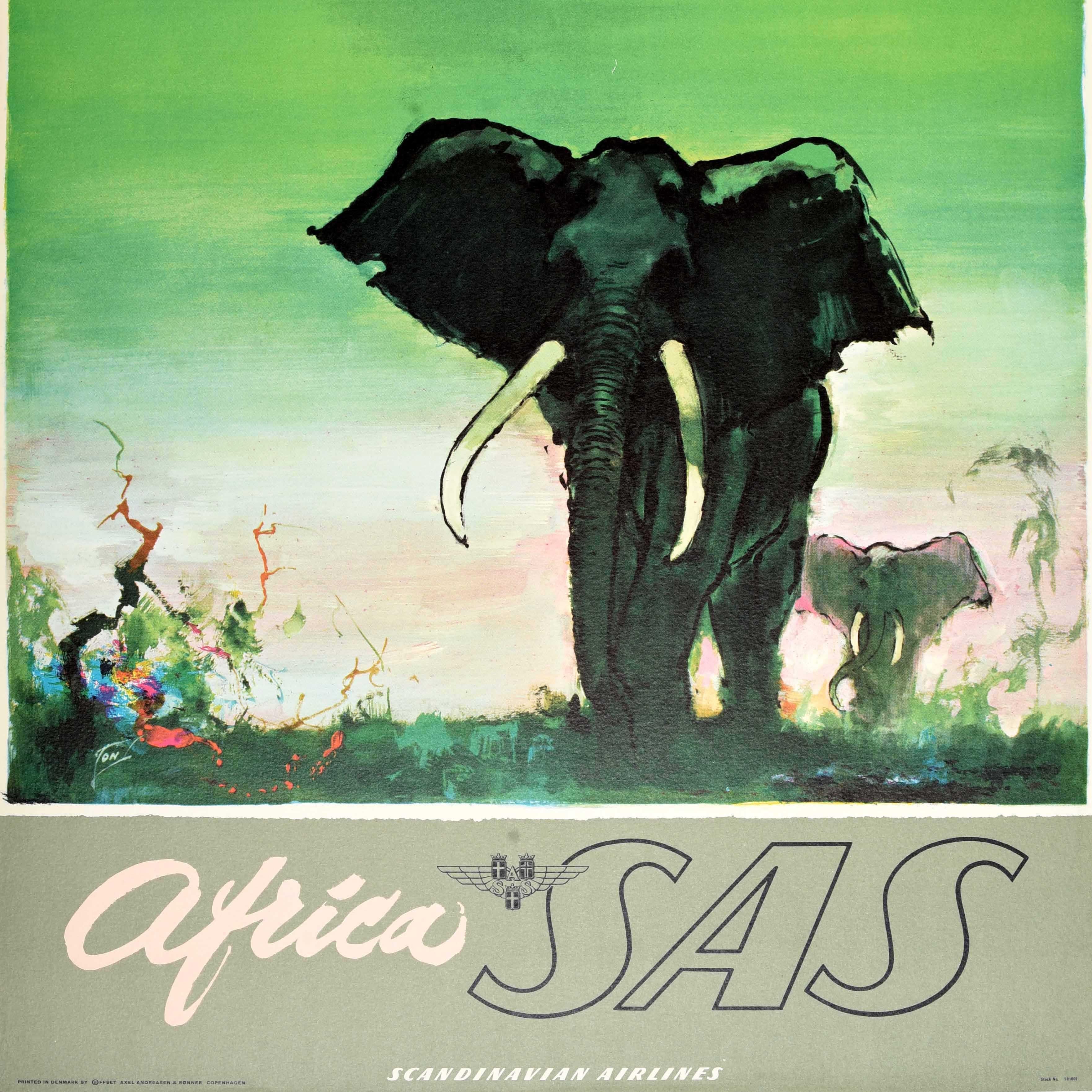 Original Vintage-Reiseplakat Afrika SAS Airline Otto Nielsen, Elefanten, Dänemark im Zustand „Hervorragend“ im Angebot in London, GB