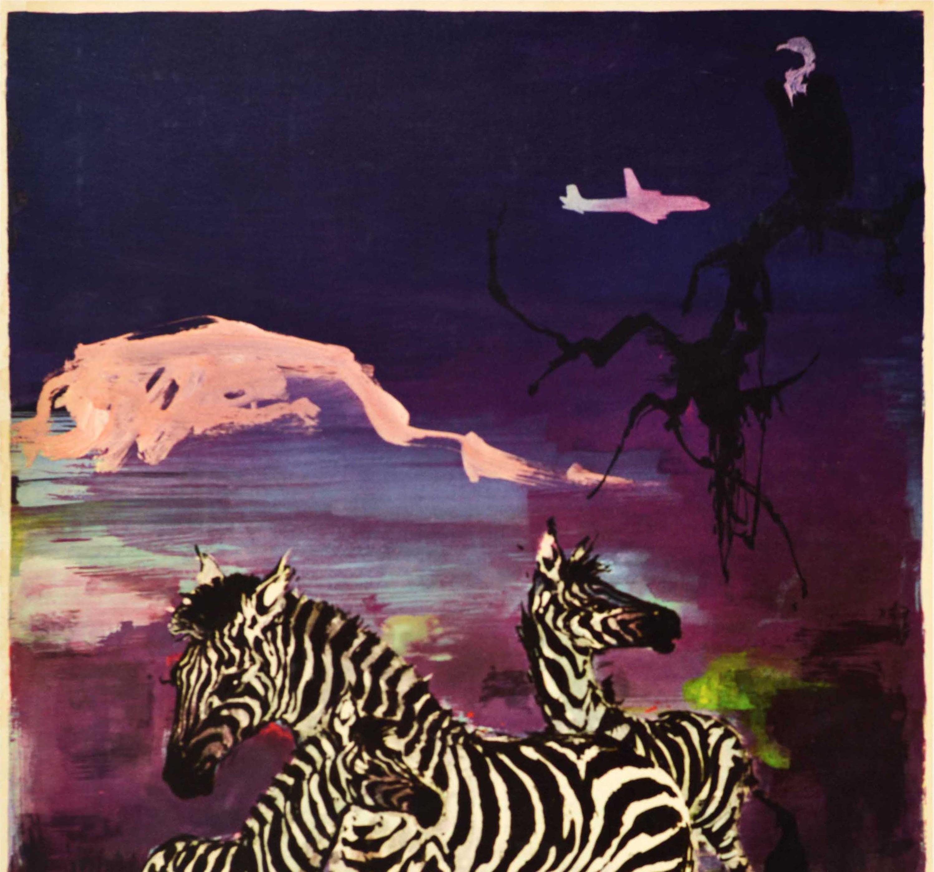 Original vintage travel poster for Africa issued by SAS Scandinavian Airlines System featuring a colourful design by Otto Nielsen (1916-2000) of zebras against a purple night sky with a vulture sitting on a tree branch and a plane flying over a
