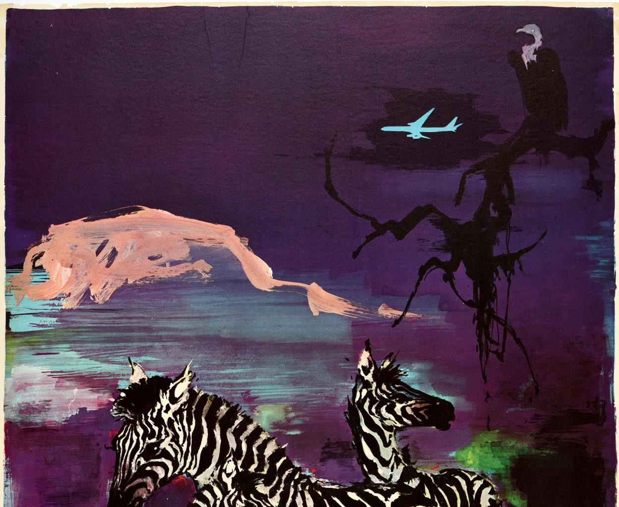 Original vintage travel poster for Africa issued by SAS Scandinavian Airlines System featuring a colourful design by Otto Nielsen (1916-2000) of zebras against a purple night sky with a vulture sitting on a tree branch and a plane flying over a
