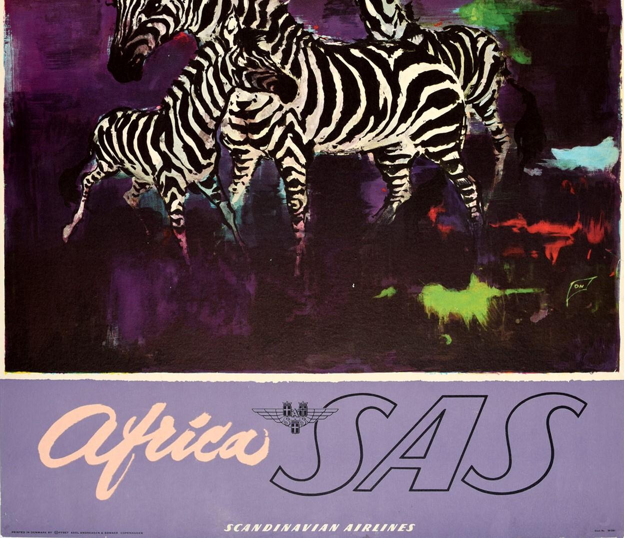 Danish Original Vintage Travel Poster Africa SAS Scandinavian Airlines Zebra Mountain