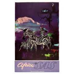 Original Vintage Travel Poster Africa SAS Scandinavian Airlines Zebra Mountain