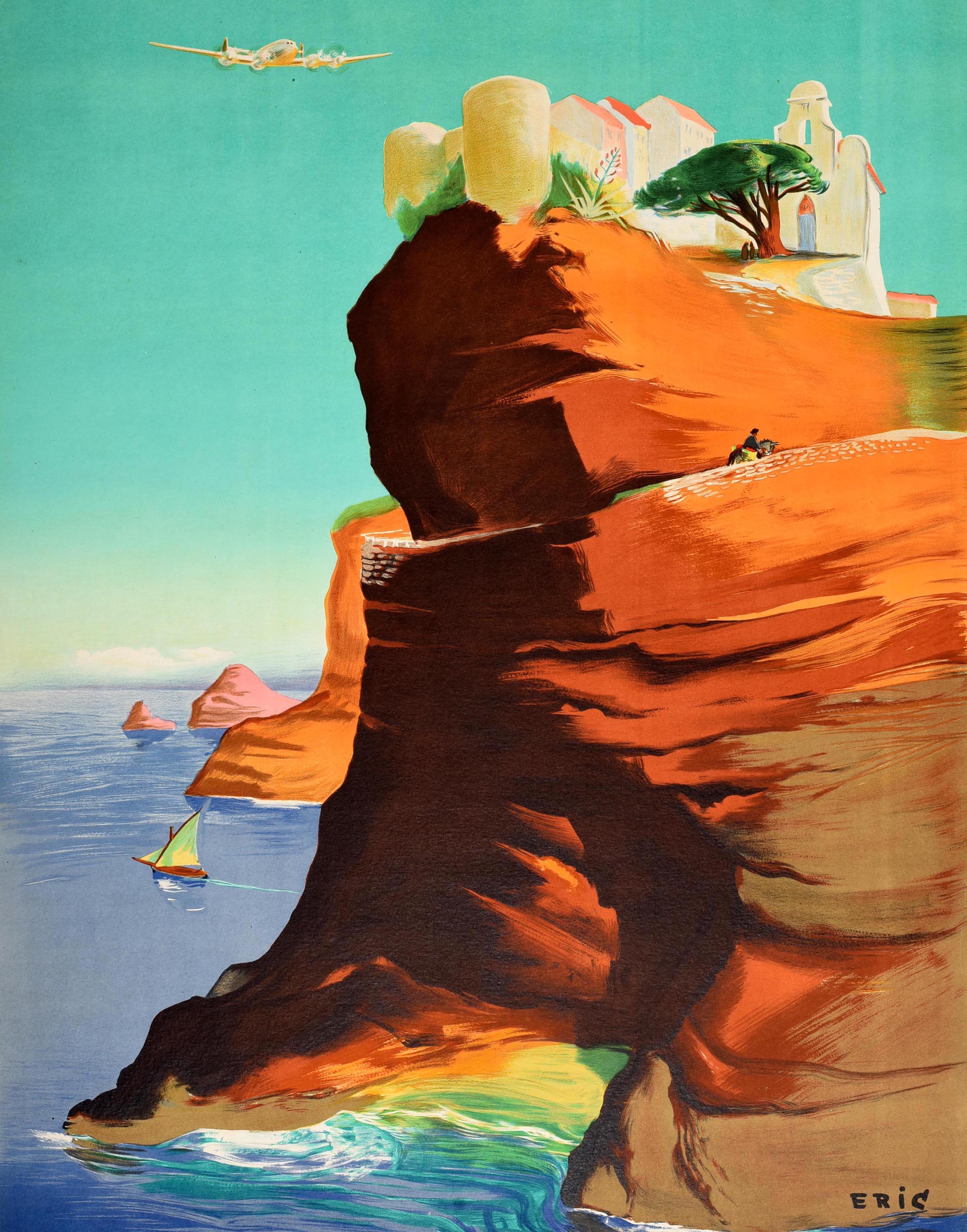 Original vintage travel poster for Air France Corse / Corsica featuring scenic artwork by Eric (Raoul Eric Castel; 1915-1997) showing an Air France propeller plane flying over traditional white buildings with people under the shade of a tree at the