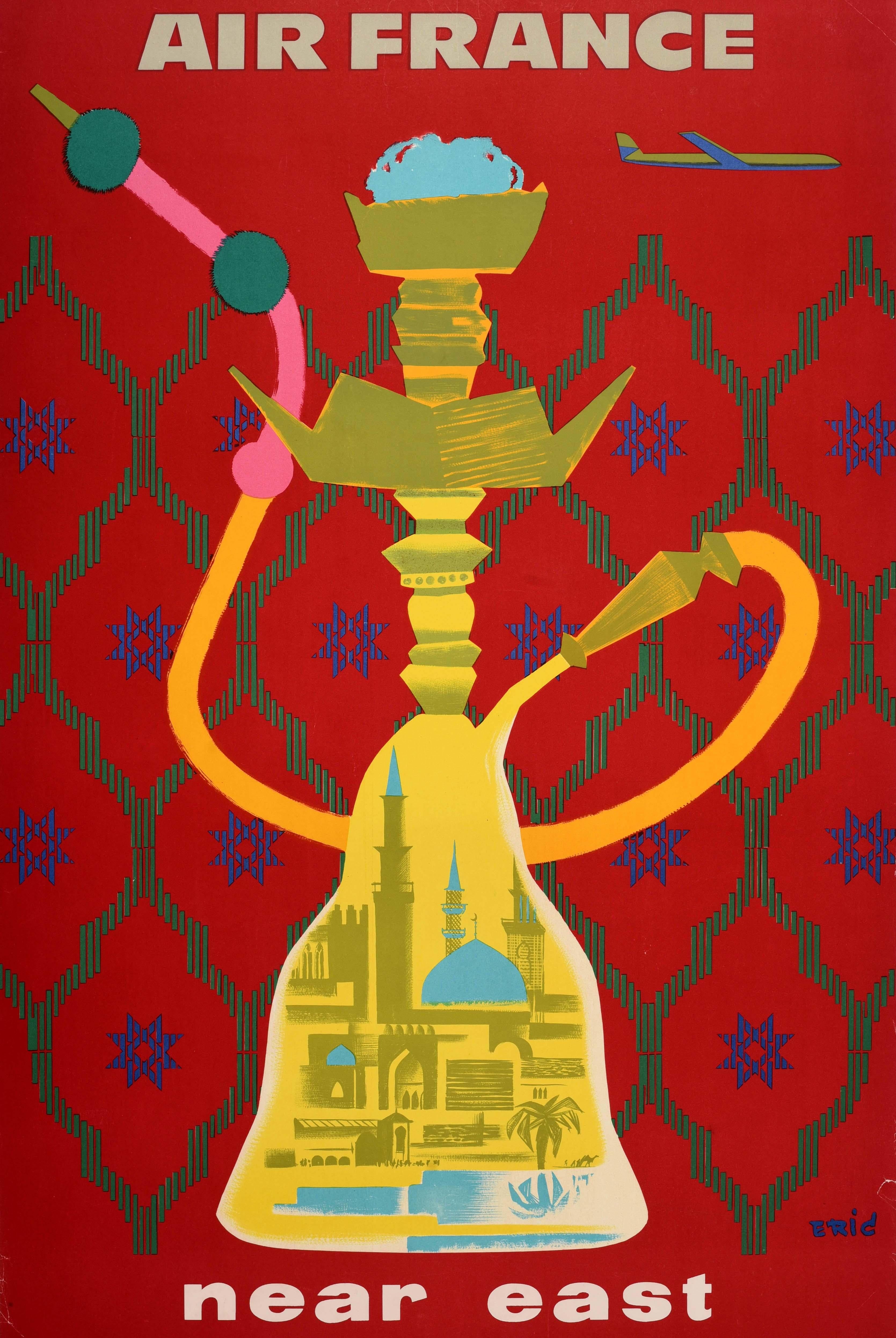 Original Nahost-Reiseplakat, herausgegeben von Air France, mit einem farbenfrohen Kunstwerk von Eric Castel (1915-1997), das ein Bild von Stadtkuppeln und Minaretten mit einer Palme zeigt, die sich auf ruhigem Wasser in Form einer traditionellen