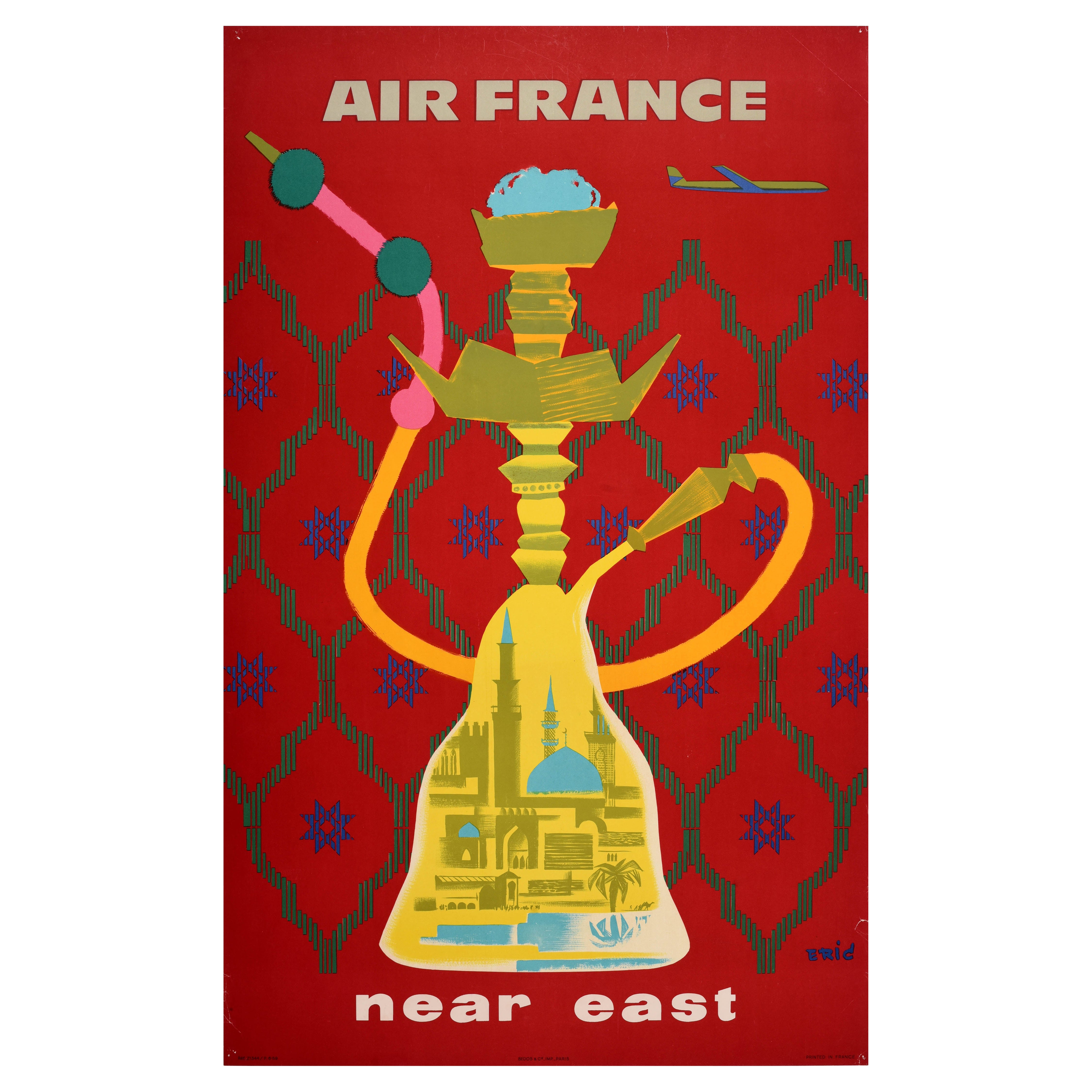 Poster di viaggio originale d'epoca Air France Airline Near East Hookah Shisha Castel