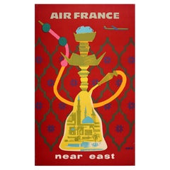 Original Vintage Travel Poster Air France Airline Near East Hookah Shisha Castel